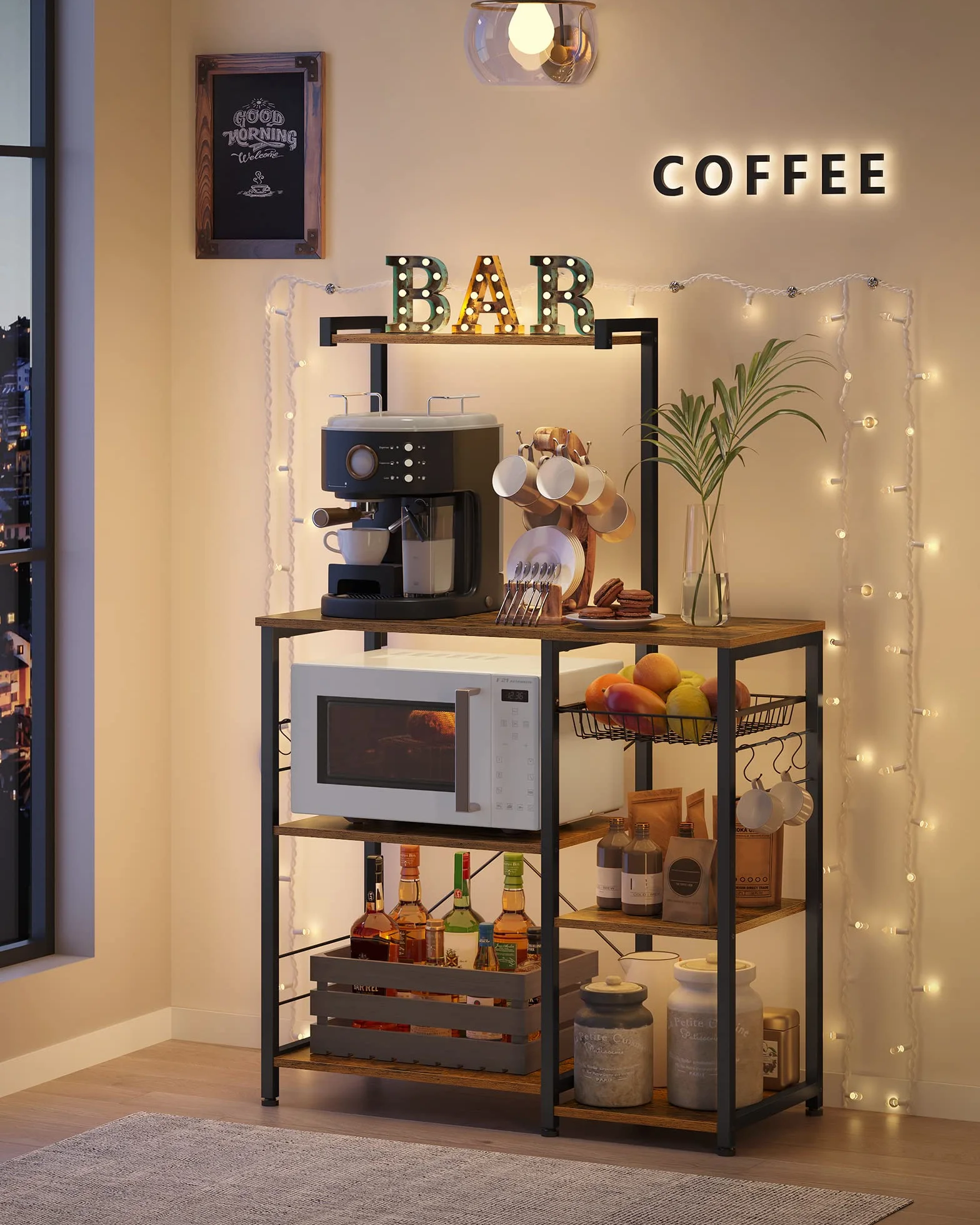 VASAGLE Estantería de Cocina, Soporte para Microondas, Cesta de Alambre, 6 Ganchos, para Especias, Ollas y Sartenes, 40 x 90 x 134 cm, Marrón Rústico, Negro KKS35X