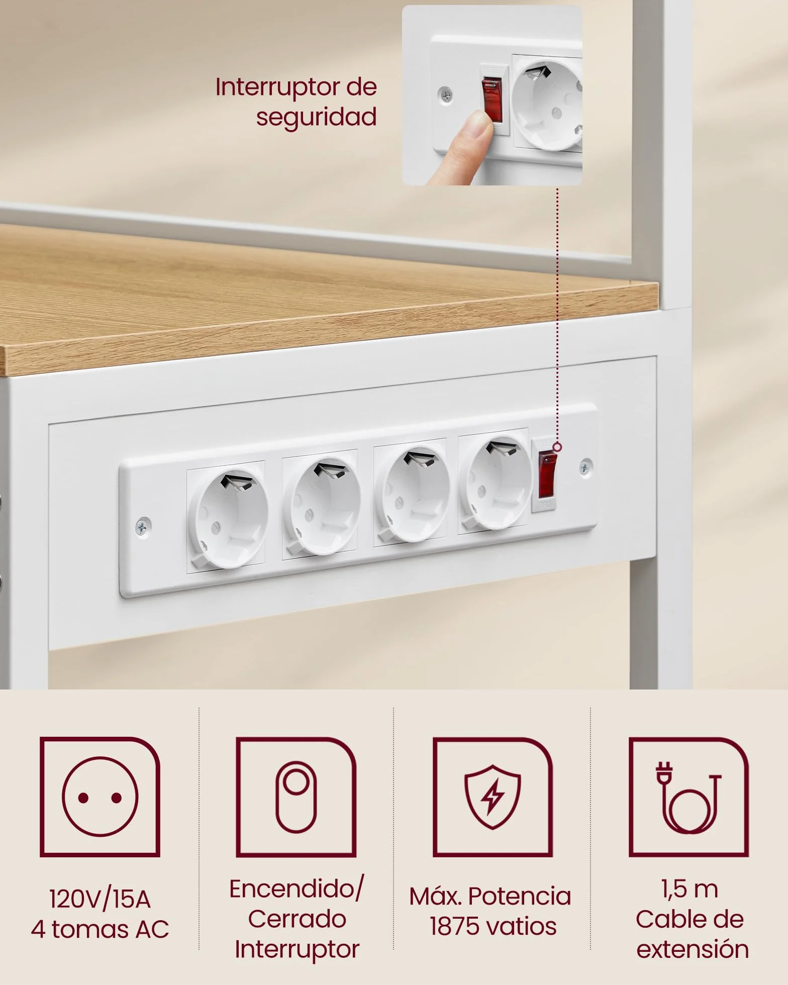 VASAGLE Estantería de Cocina con Enchufes, Estantería de Panadería, Barra de Café, 8 Ganchos en S, Cesta, Especiero, 40 x 90 x 165,5 cm, Roble Dorado y Blanco Nube KKS031Y19