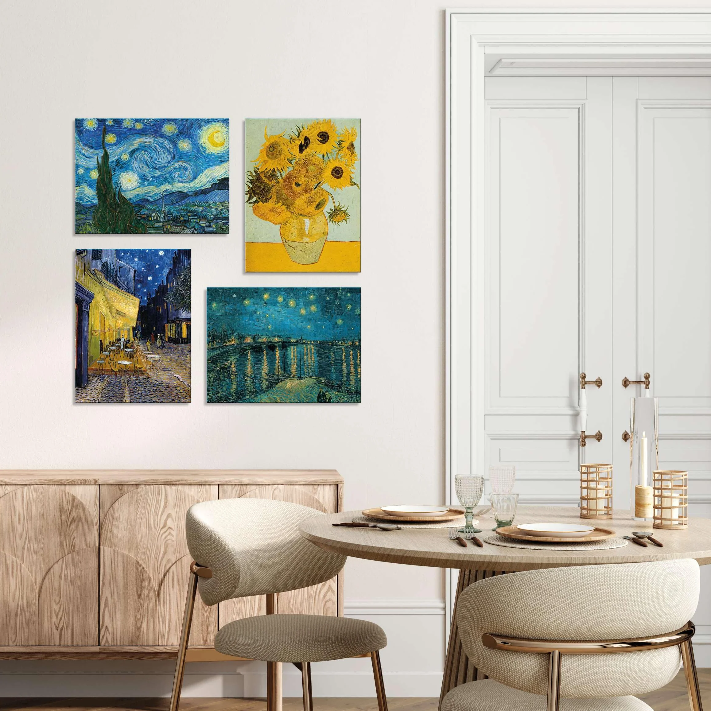 LuxHomeDecor Juego de 4 cuadros 40 x 30 cm – Impresión sobre lienzo con marco de madera – Vincent V. Gogh – Noche estrellada, girasoles, terraza del café, noche en el Ródano