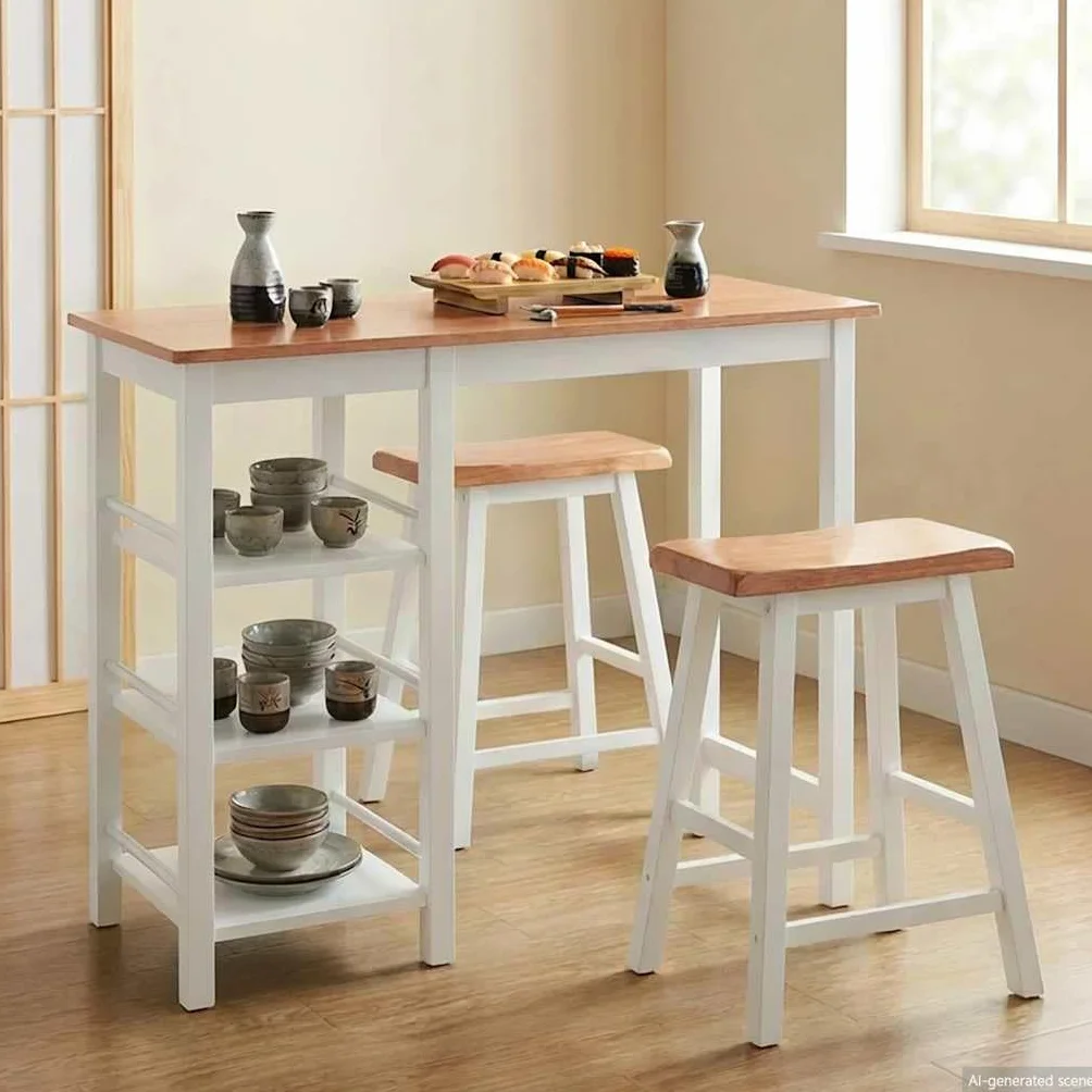 Juego de comedor de 3 piezas de MDF y madera de caucho blanco, incluye mesa con estantes y taburetes ergonómicos, ideal para comedor, cocina y salón, fácil de montar