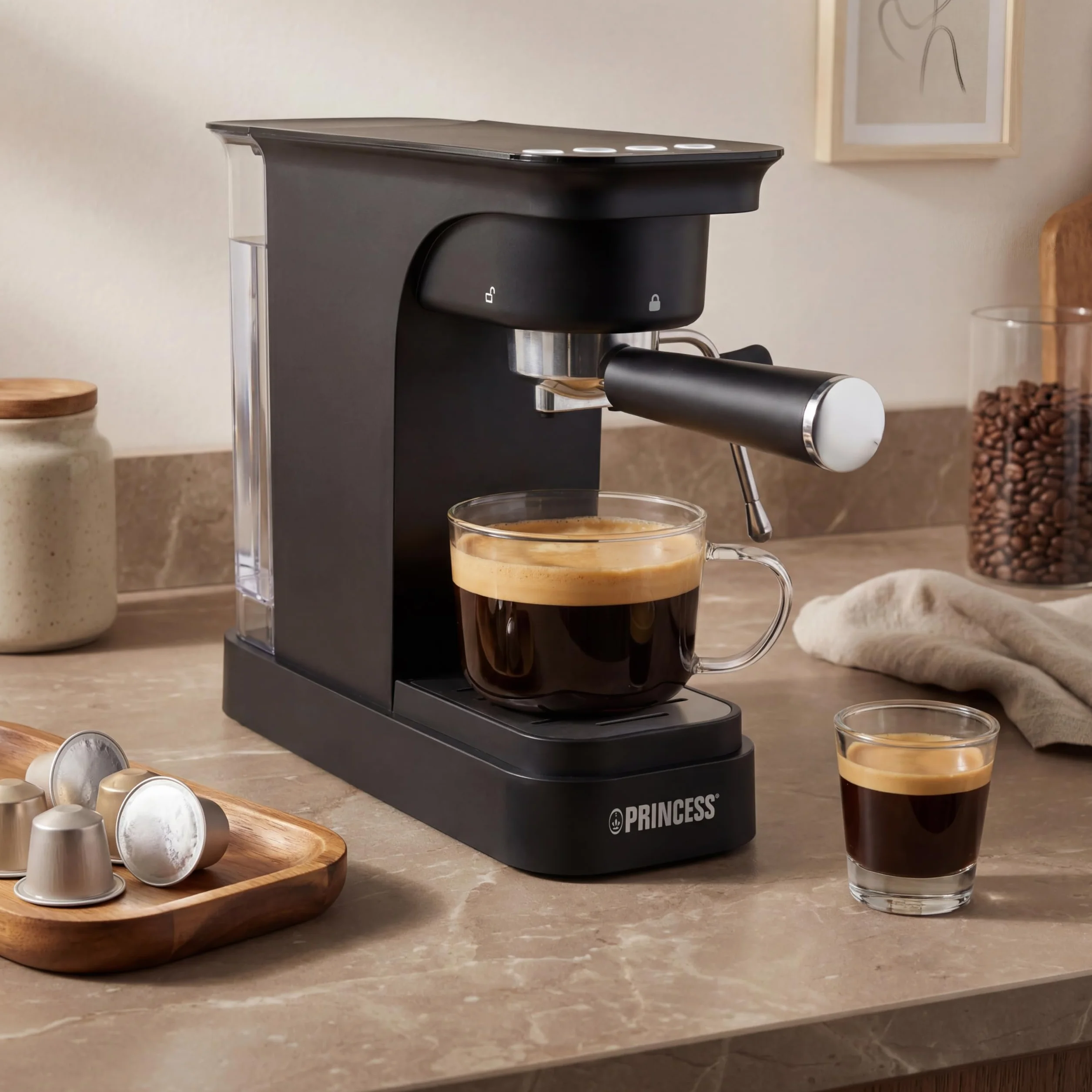 Princess Espresso Machine, Bomba de 20 Bar, Depósito de Agua de 0,8 l, Para Café Molido y Cápsulas ESE, Diseño Compacto, Negro, 01.249421.01.001
