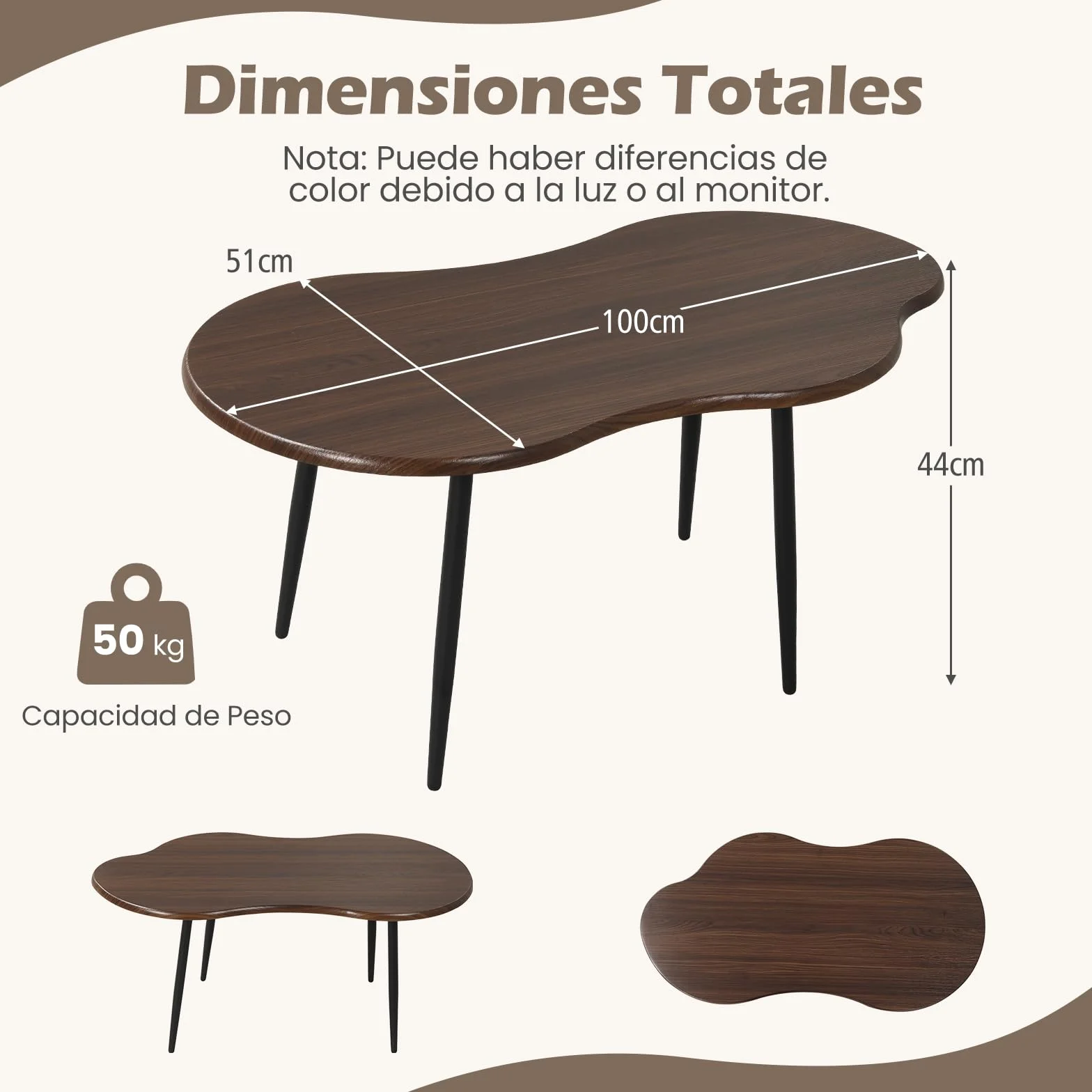 COSTWAY Mesa de Centro con Forma de Nube, Mesita Central Irregular Moderna con Estructura Metálica, Mesita Auxiliar de Madera Decorativa para Saon Oficina Espacios Pequeños, 100 x 50 x 44 cm (Nogal)