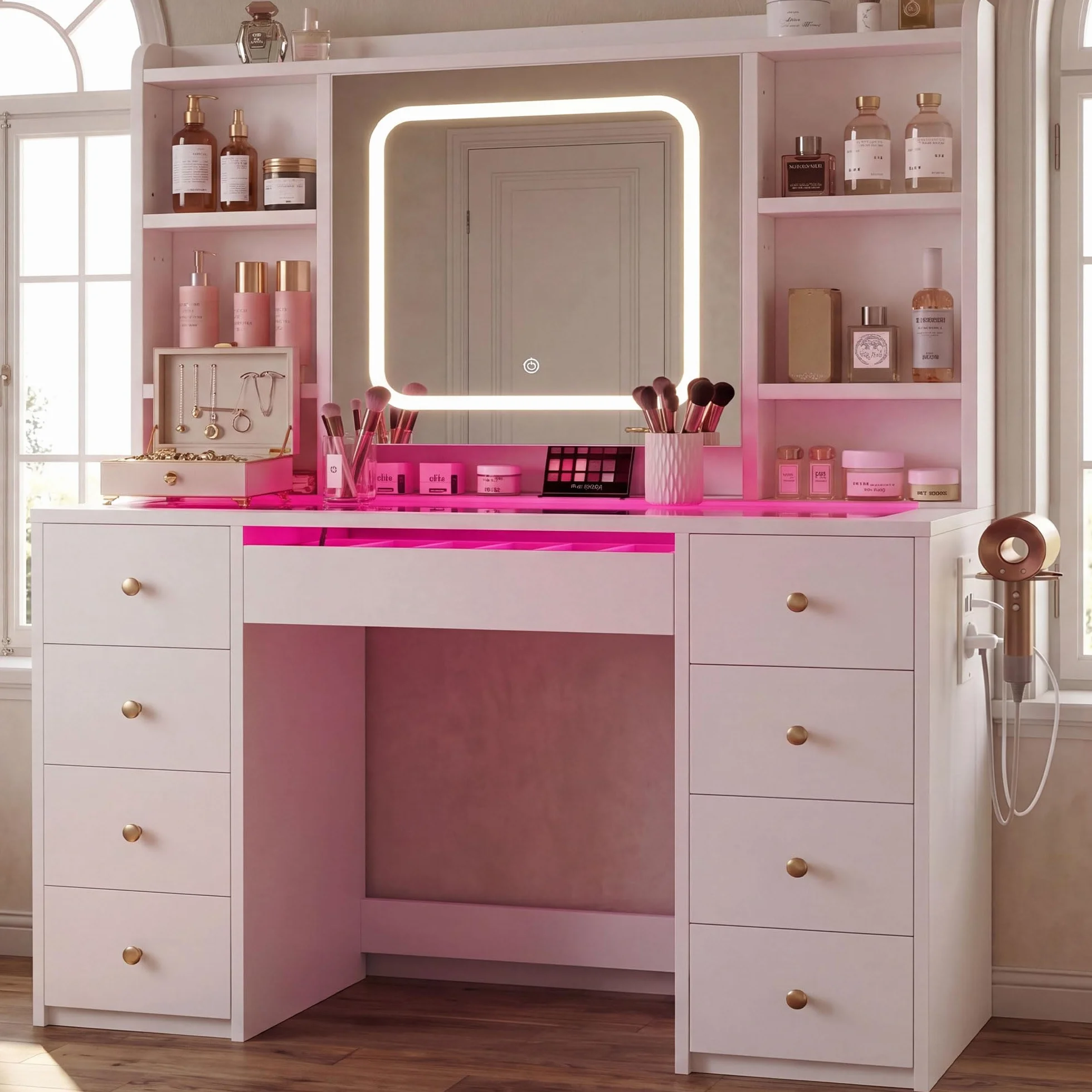 Heybly Tocador de Maquillaje con Espejo LED y Luz, Tocador Grande con Cajones y Cristal, Luces RGB, Enchufes y Puertos USB, Tocador Moderno Blanco para Dormitorio BDT001WT