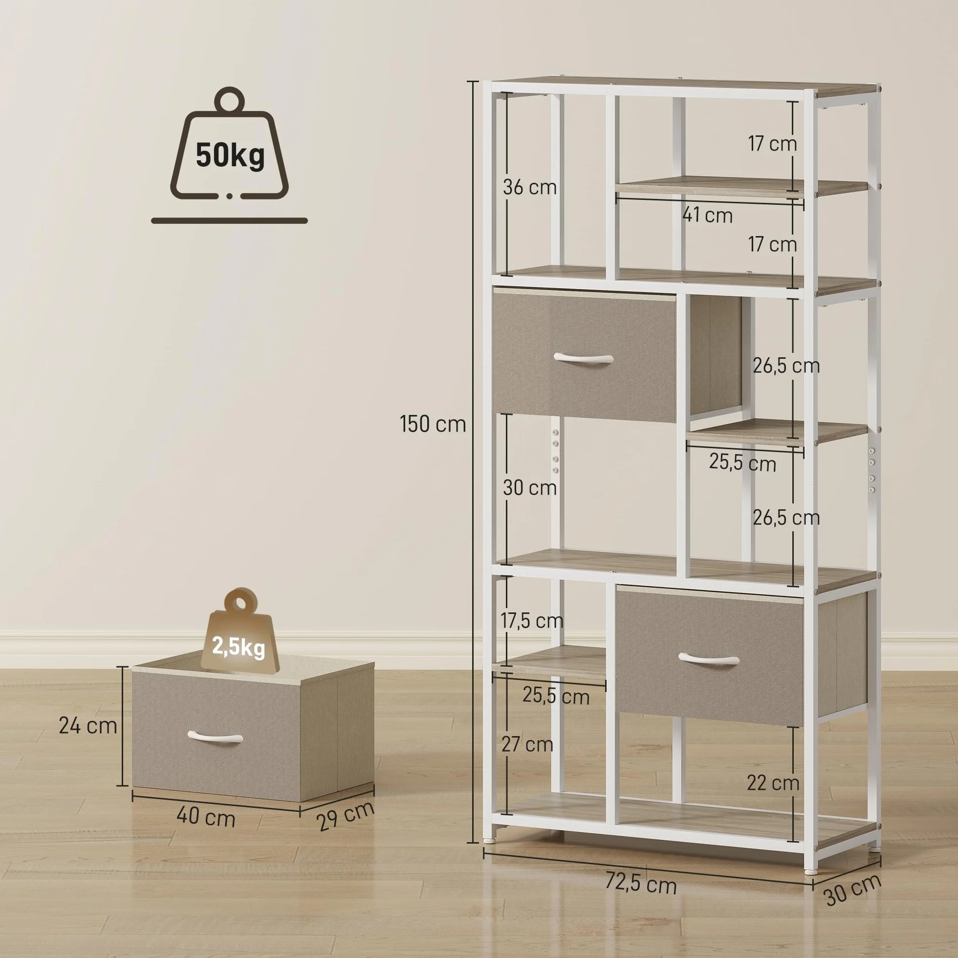 HOMCOM Mueble de almacenaje de 6 Niveles, librería con 2 cajones de Tela, 9 estantes Abiertos, Mueble de almacenaje con Estructura de Acero para salón, Estudio, Dormitorio, 72,5 x 30 x 150 cm,