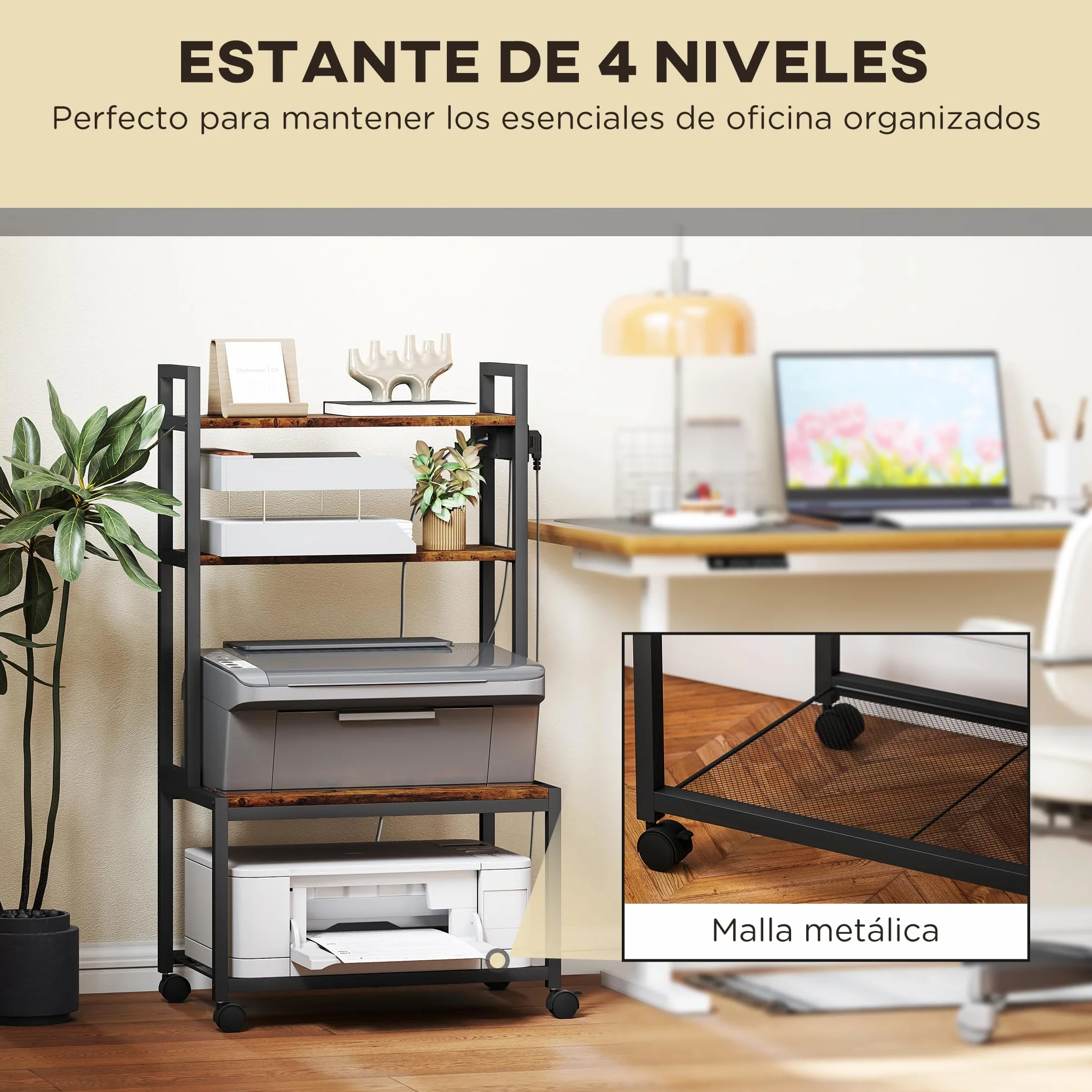 HOMCOM Soporte para Impresora con Estación de Carga Mueble para Impresora de 4 Niveles con Ruedas y Marco Metálico para Oficina Casa Escuela Marrón Rústico