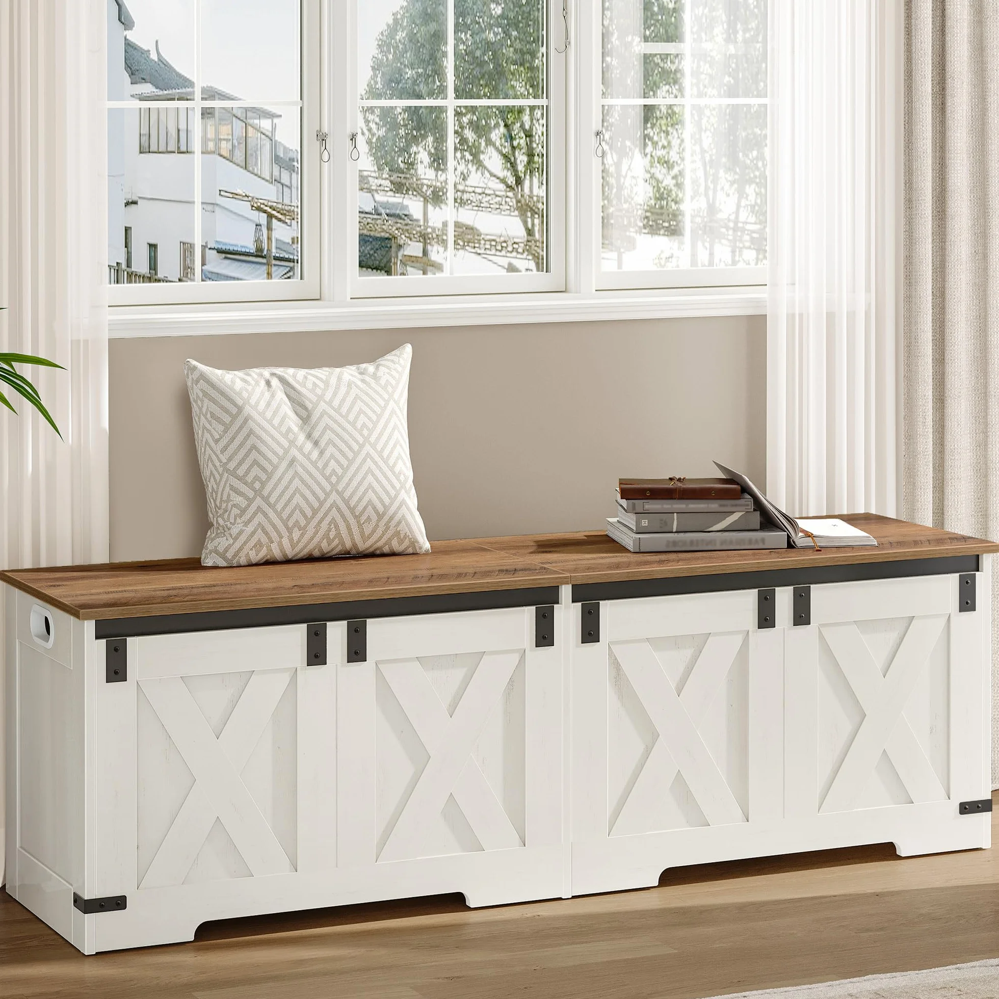 Hzuaneri Banco de Almacenamiento, Banco con Espacio de Almacenamiento, Banco con Bisagras de Seguridad, Mueble de Almacenaje, 40 x 150 x 48,5 cm, para Pasillo, Dormitorio, Salón, Blanco Marrón