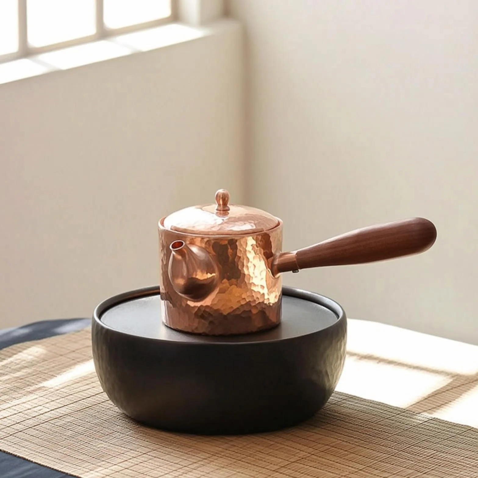 Tetera Cobre Estilo Clásico Tetera con Tapa Compacto Hervidor para Aficionados l Té, Mango De Madera