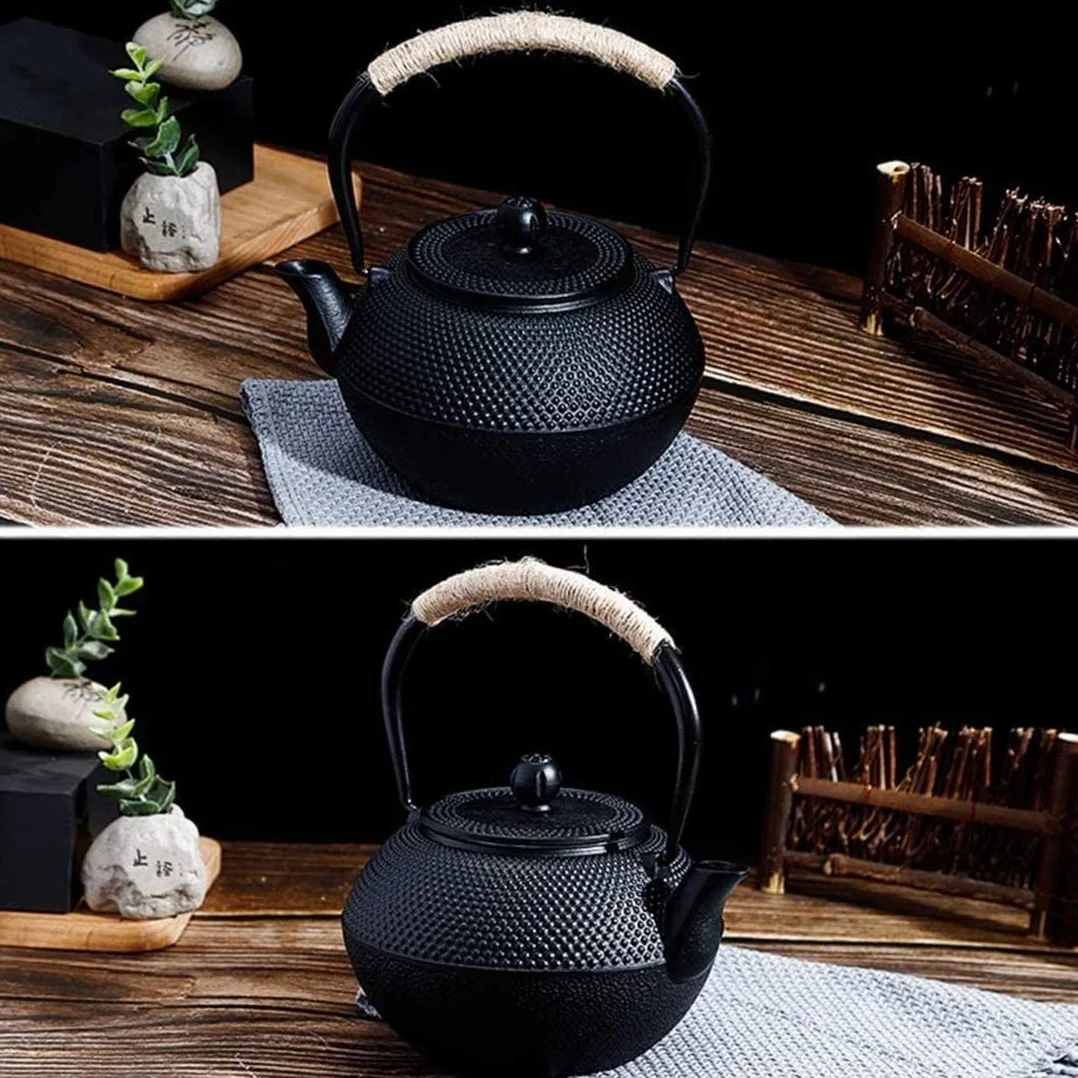 Tetera Juego de colador de infusor de Tetera de Hierro Fundido para Tetera, Color Negro con Filtro de Acero Inoxidable, 1,2 l Tetera Hierro Fundido