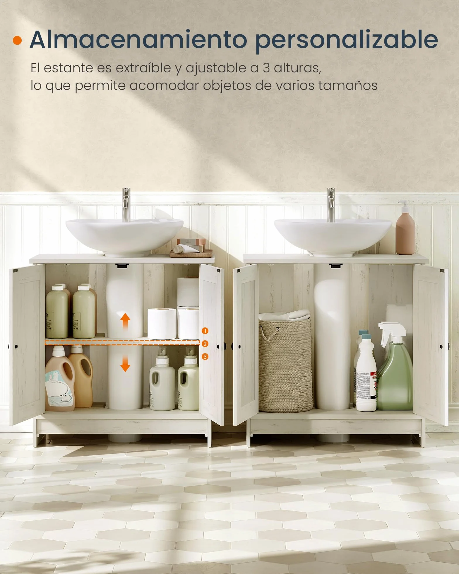 SONGMICS Home Mueble Bajo Lavabo para Baño, Montaje Súper Rápido Sin Herramientas Toolless, Armario con Estante Ajustable, para Lavabos con o sin Pedestal, Blanco Rústico BBC223WJ01