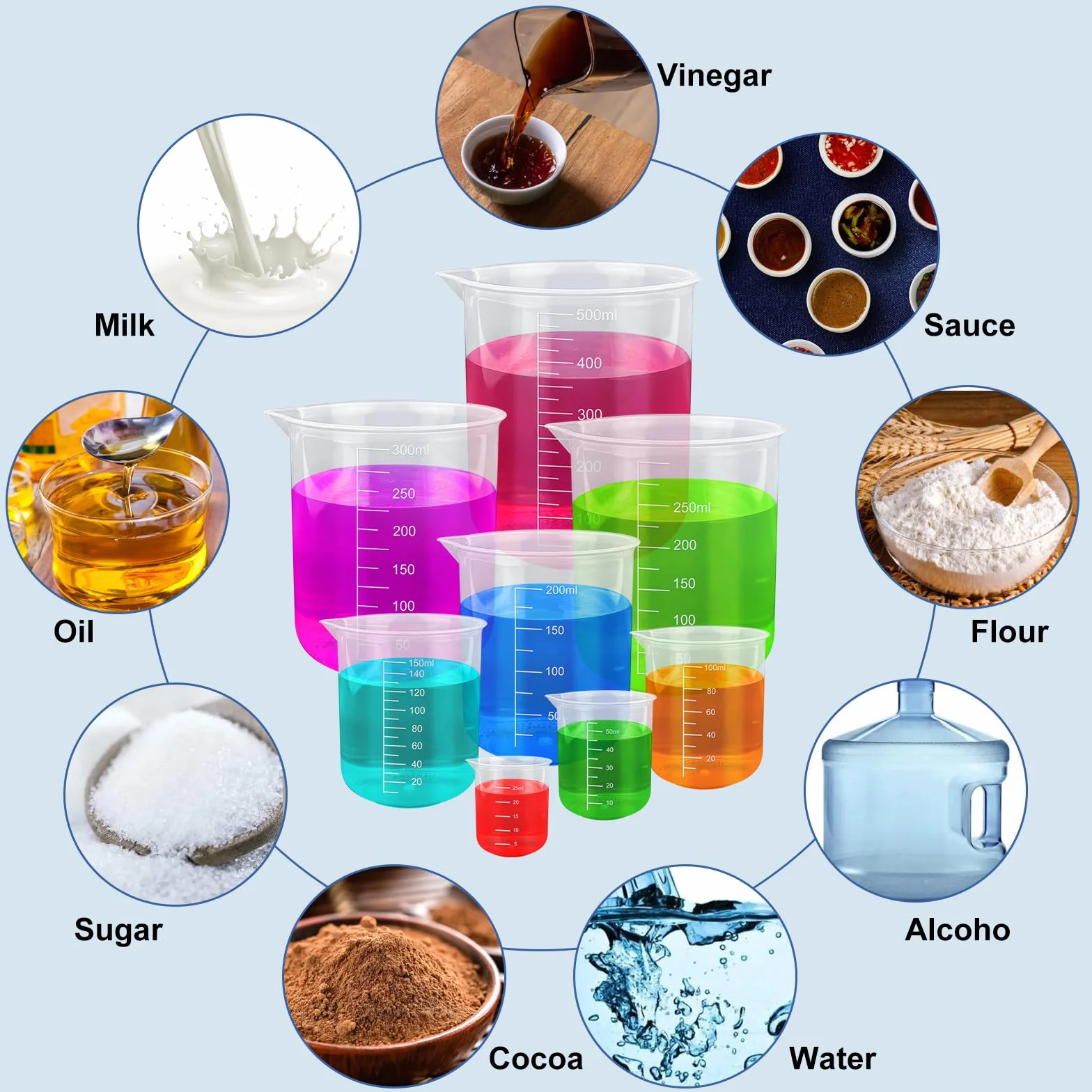 Juego de 10 vasos medidores de laboratorio 25/50/100/150/200/250/300/500 ml de plástico con tubos de centrífuga