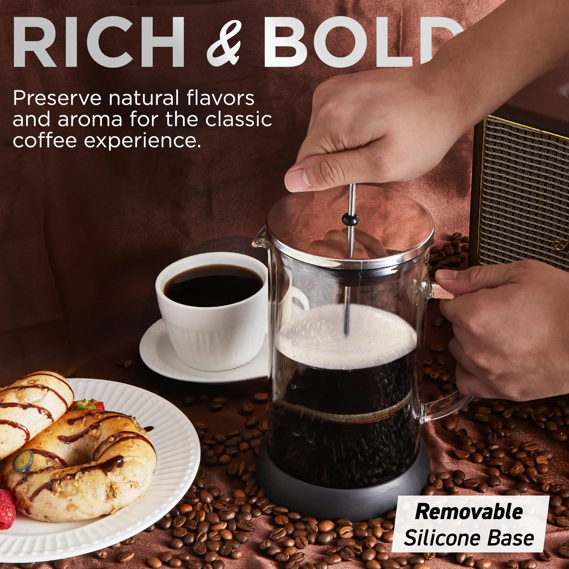 Elite Gourmet FP1223 - Cafetera de prensa francesa de 1 litro, jarra de vidrio de borosilicato aislada de doble pared, montaje de filtro/émbolo de acero inoxidable apta para lavavajillas, base de