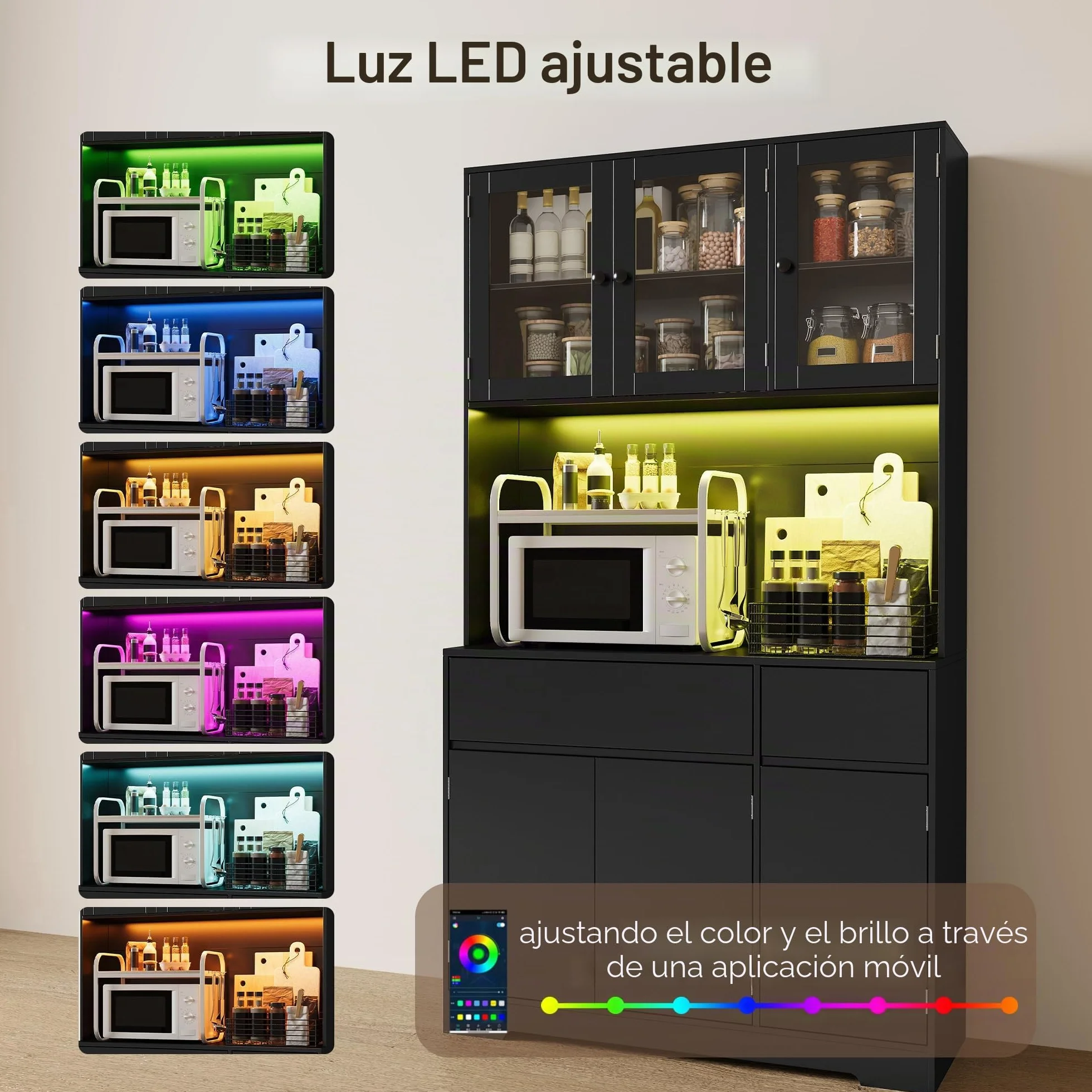 Armario Cocina Alto con LED y Enchufe, Mueble Auxiliar con Vitrina 6 Puertas 2 Cajones, 100x38,5x180 cm