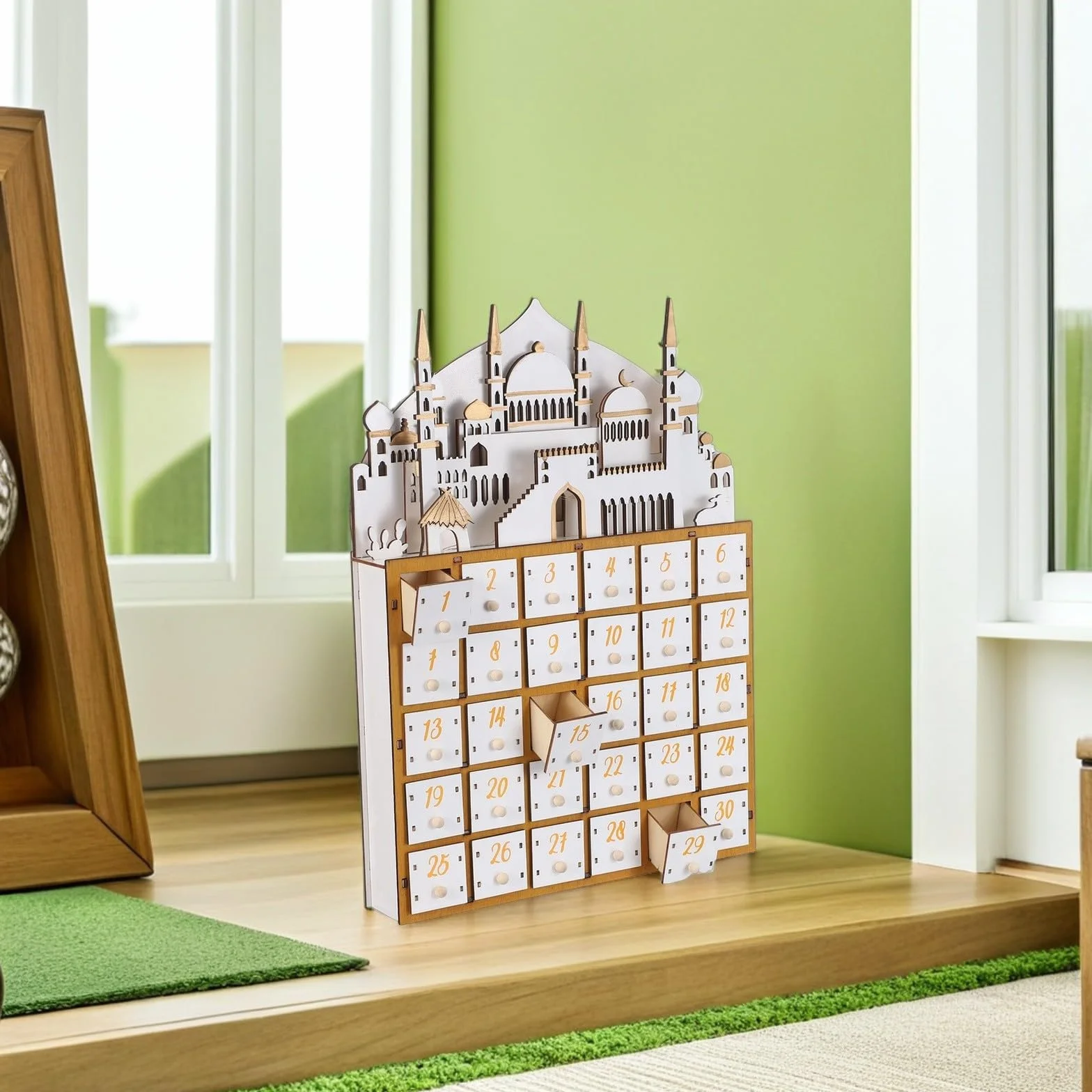 Operitacx Calendario de Adviento de Ramadán con Luz LED de Madera y 30 Cajones para Cuenta Regresiva y Organizador de Escritorio Decoración para Fiesta Eid