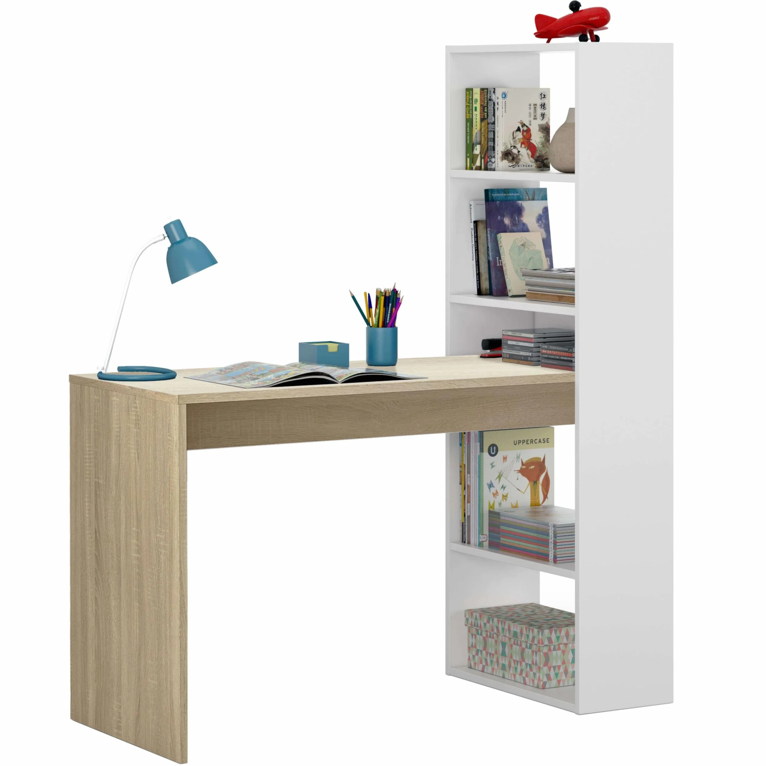 Miroytengo Escritorio Dormitorio Juvenil Duplo con Estantería Estilo Juvenil en Color Blanco Artik y Roble Canadian 120 cm