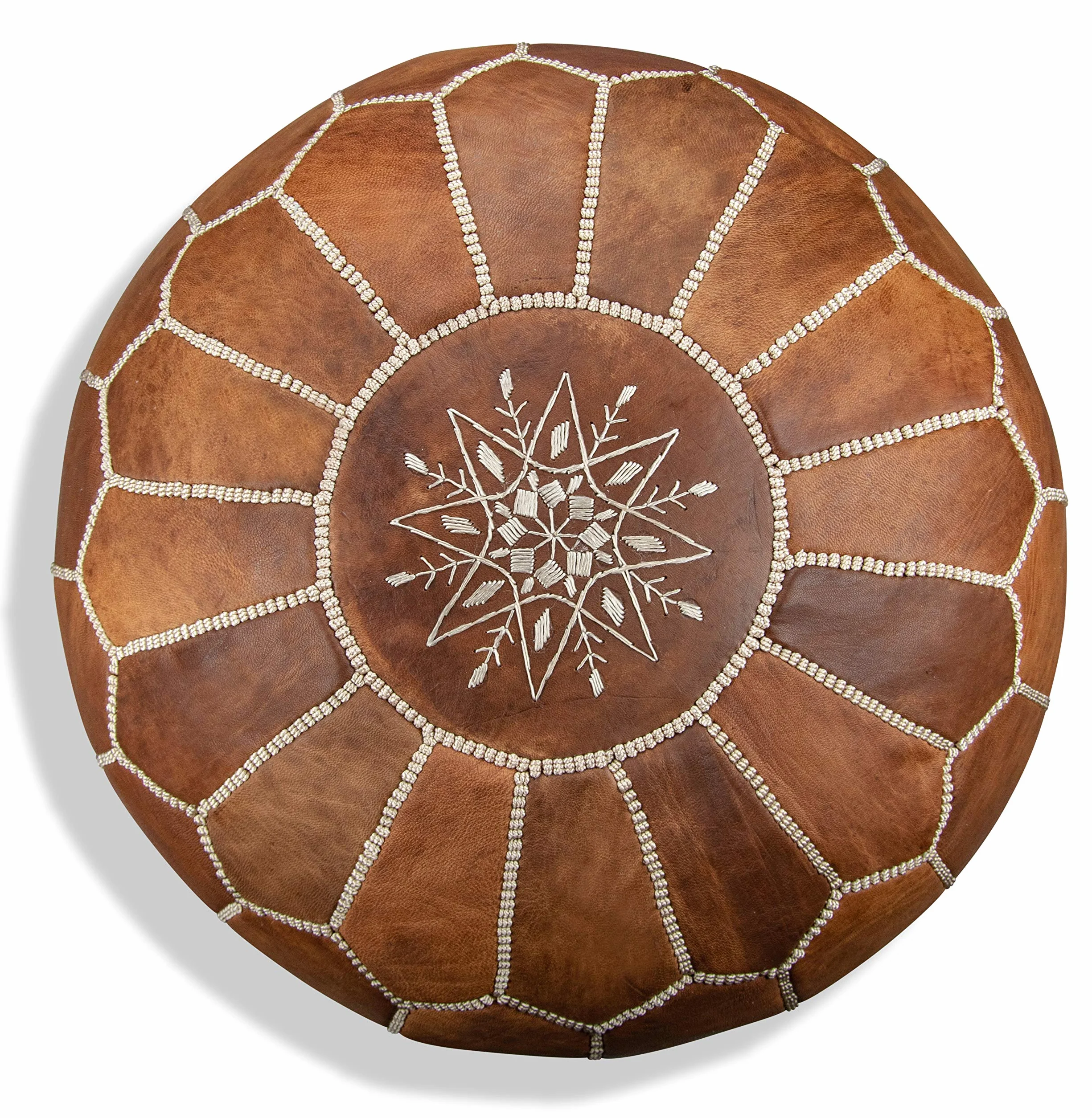 Poufs&Pillows Puf Artesanal de Cuero auténtico - Hecho a Mano - Entregado con Relleno - Otomano, cojin de Suelo, reposapiés (Marrón Cognac)