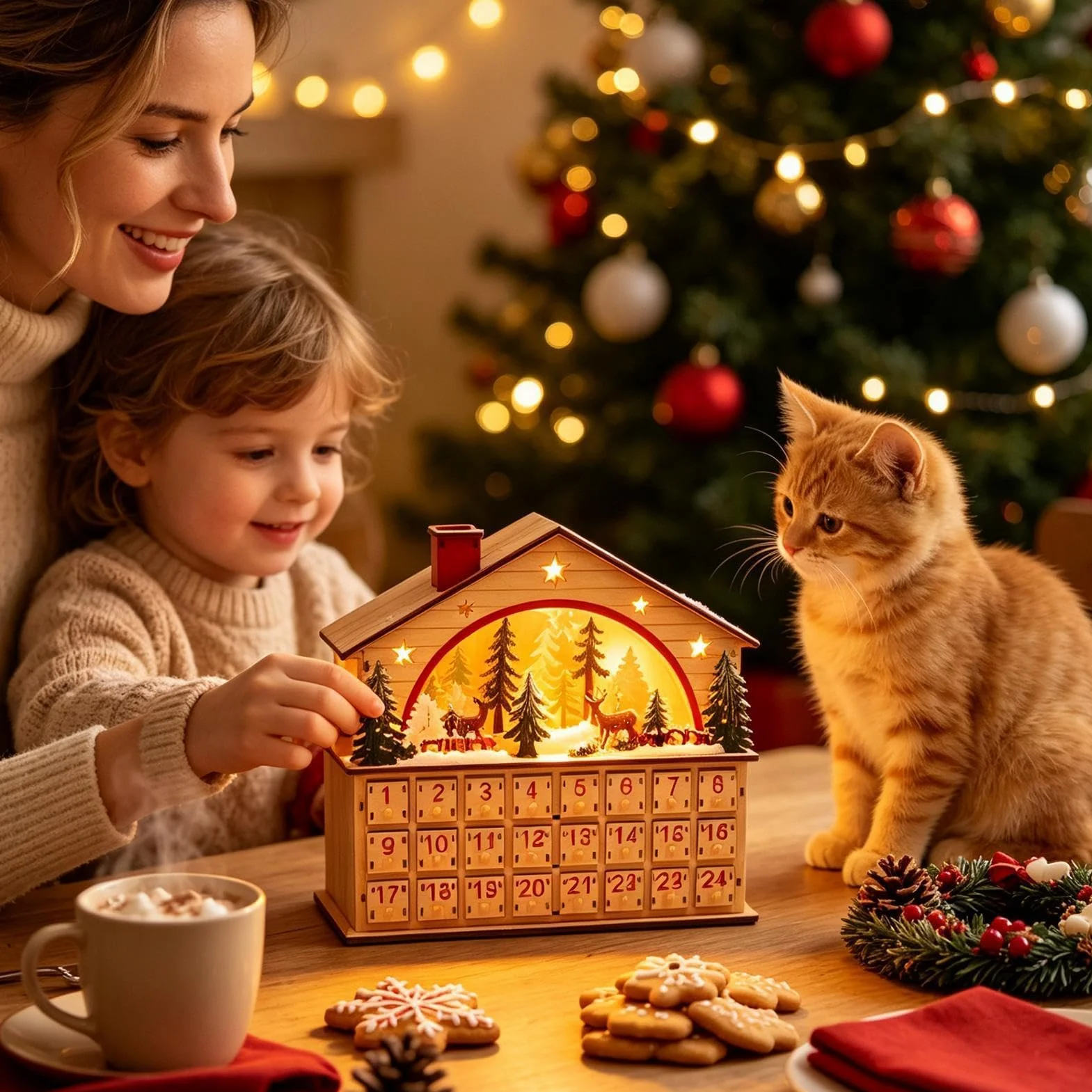 Cuenta Atrás Navidad 24 Días Gabinete de Escritorio Forma Casa Madera | Cuenta Regresiva Con Cajones Para Hogar Salón Escritorio Estantería Apartamento Y Celebraciones