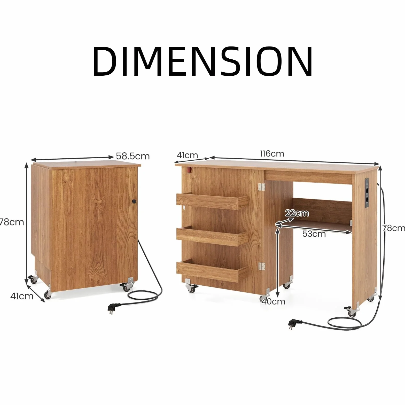 KOMFOTTEU Mesa de Costura Plegable con Estación de Carga, Mesa para Maquina de Coser con Estantes y 5 Ruedas, Armario de Almacenamiento Móvil para Hogar, Dormitorio (Natural)