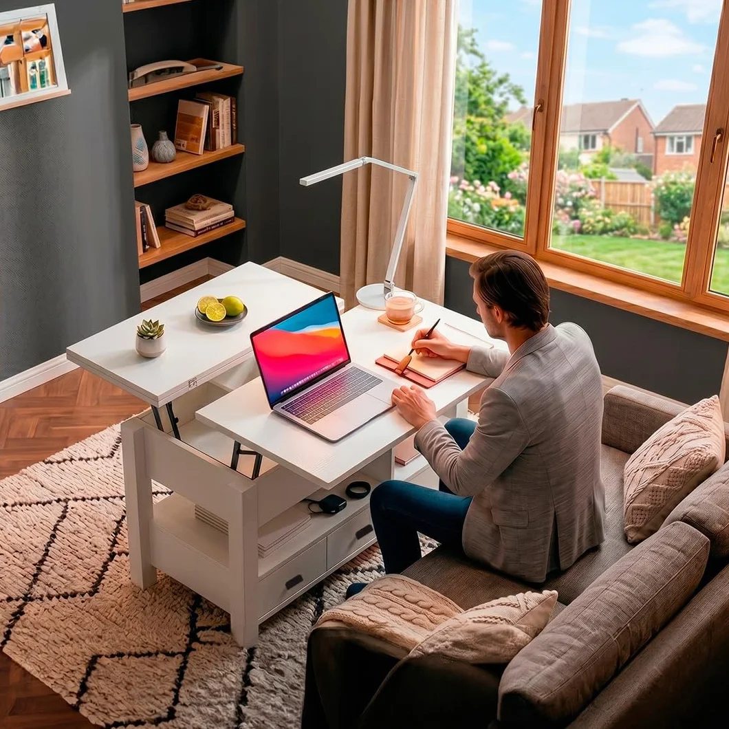 Marctani Mesa de Centro elevable 3 en 1 - Mesa de Centro Blanca con Almacenamiento Oculto y 2 Cajones, Mueble de Salón Extensible en Madera MDF para Escritorio y Comedor