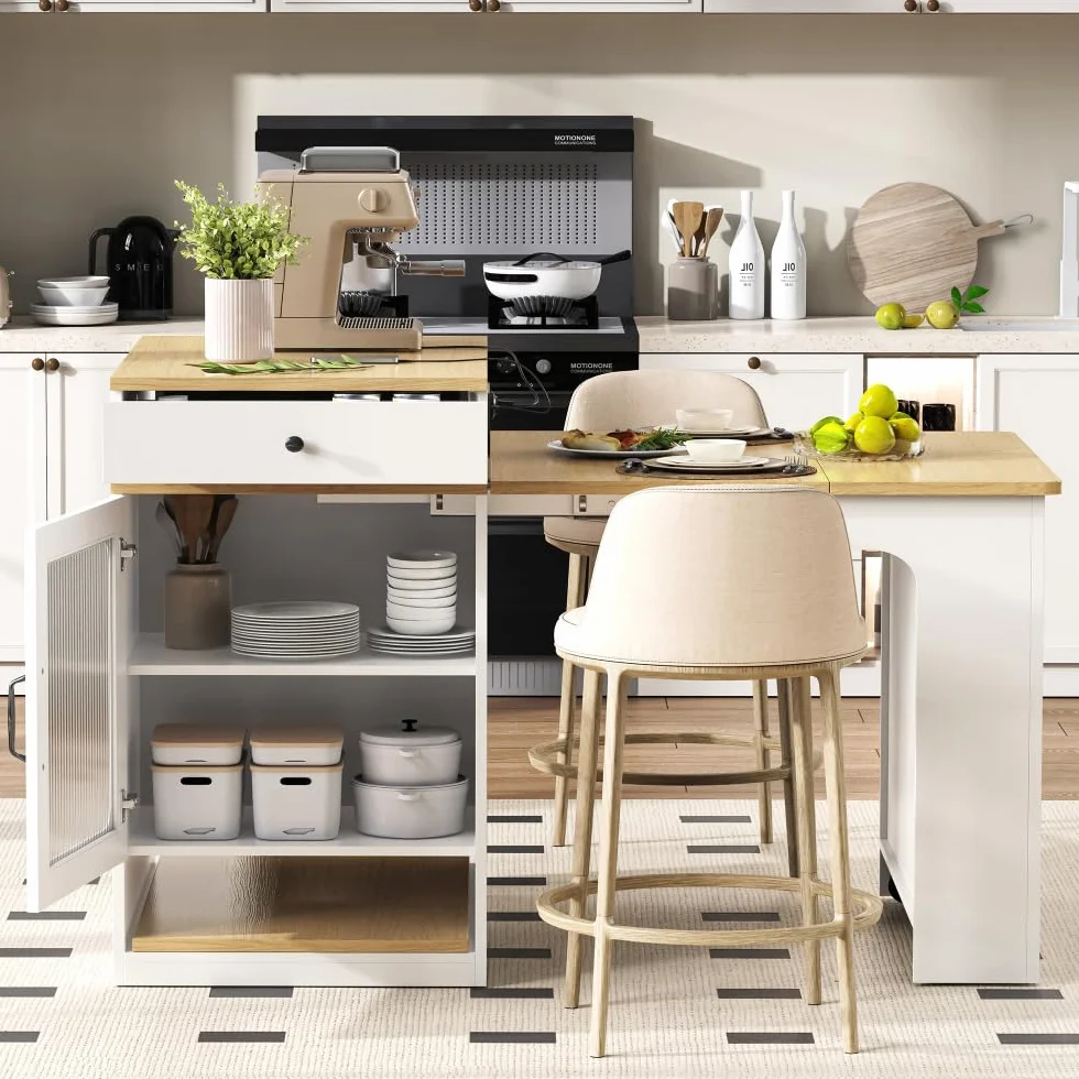 Mueble isla de cocina 71(151) x80x92 cm, mesa de comedor extensible con tablero extraíble, mesa de bar con enchufe múltiple, isla cocina sobre ruedas para comedor (A-blanco + natural)
