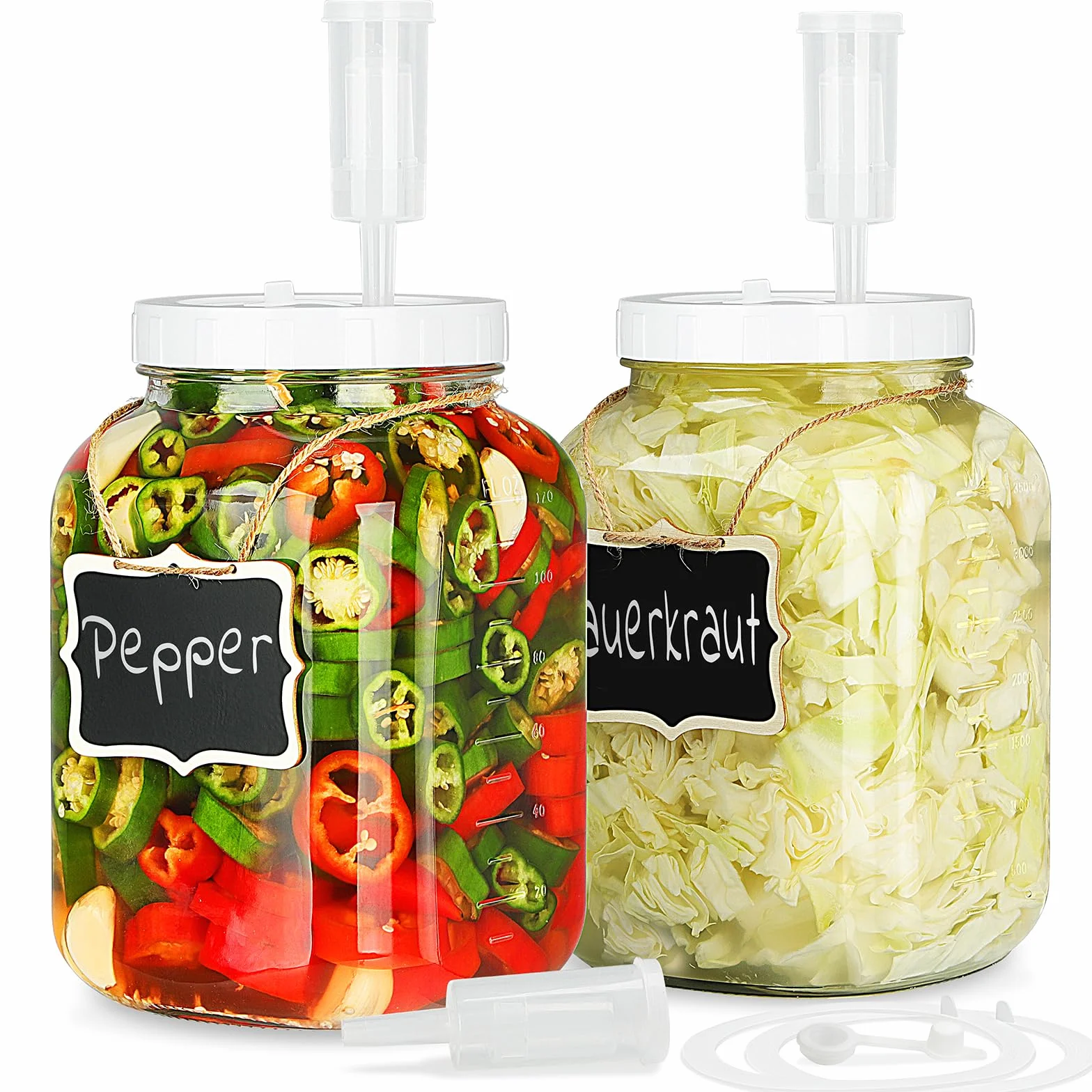 Paquete de 2 tarros de fermentación grandes con tapa y cierre de aire, tarros de vidrio de boca ancha de 1 galón con tapa de fermentación y ojal, tarros de vidrio herméticos con marca de escala para
