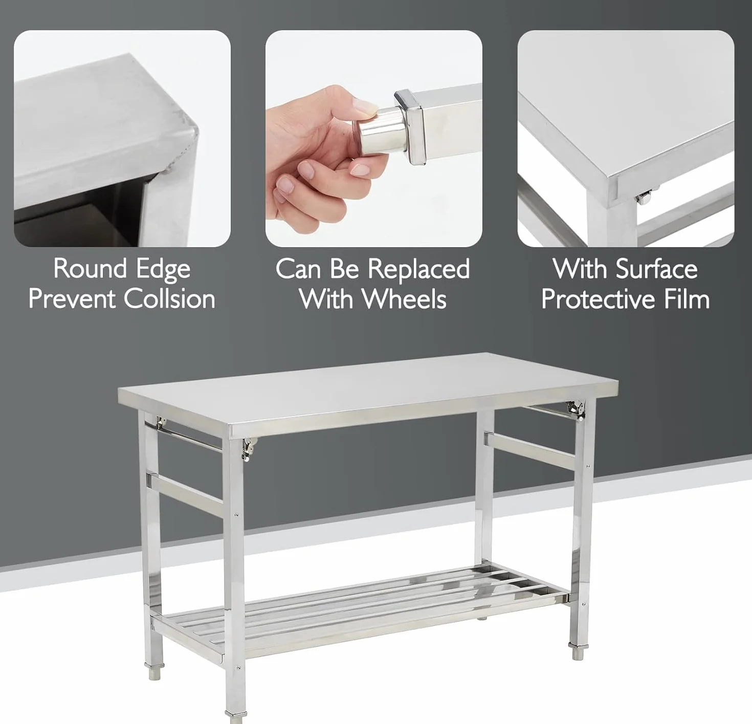 Garvee Mesa De Comedor Plegable De Acero Inoxidable: Mesa De Preparación Comercial De Dos Niveles, Resistente, con Estante Inferior Ajustable, Ruedas Bloqueables, Capacidad De 400 kg