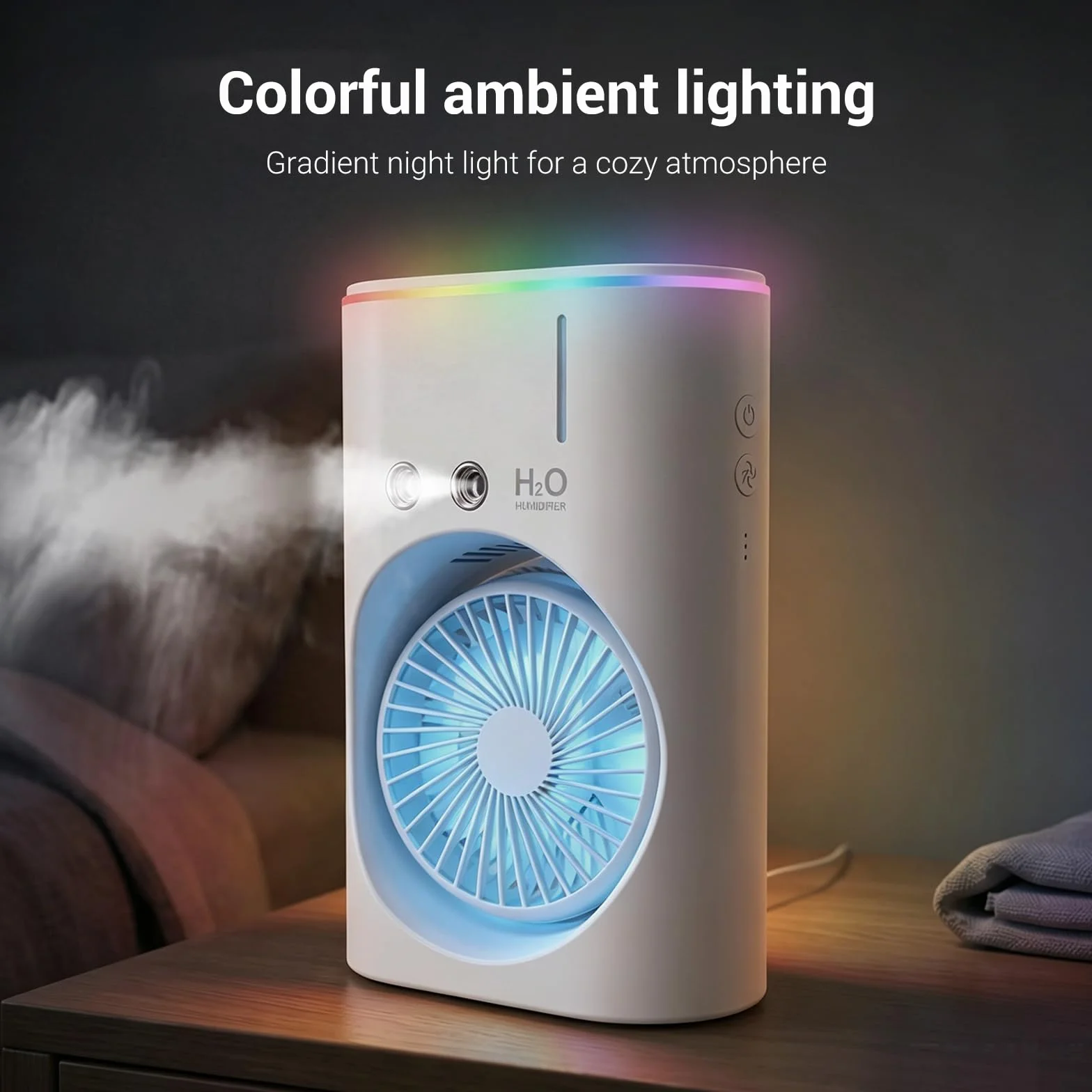 EXTRASTAR Ventilador de niebla portátil, ventilador de carga USB con tanque de agua, iluminación RGB, tanque de 280 ml, ideal para oficina, viajes y actividades de plei