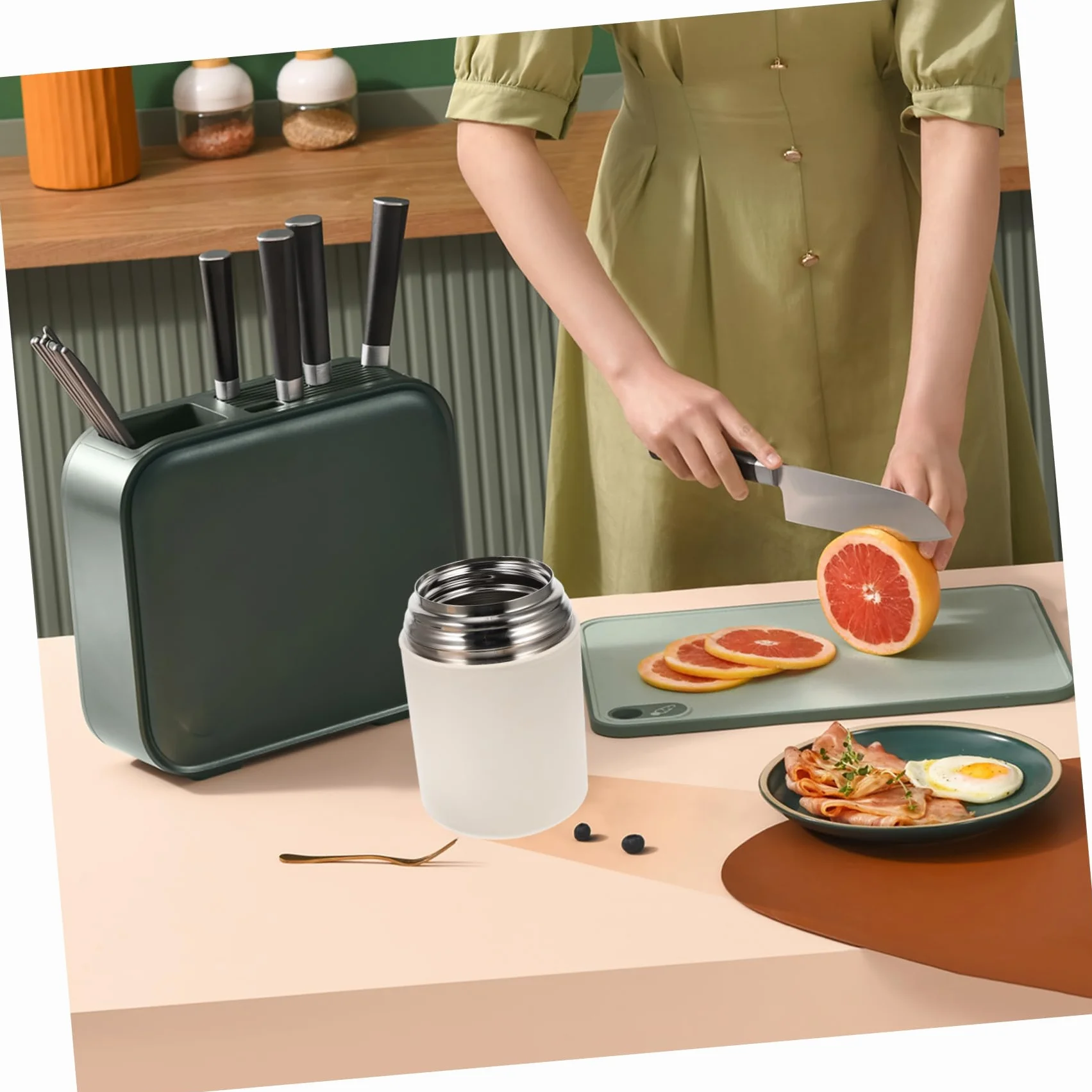Tarro Aire Calor de al Actividades el Libre Mantiene Comida Térmico Acero Inoxidable 850ml Beige con Cuchara Asa, Fácil de Transportar