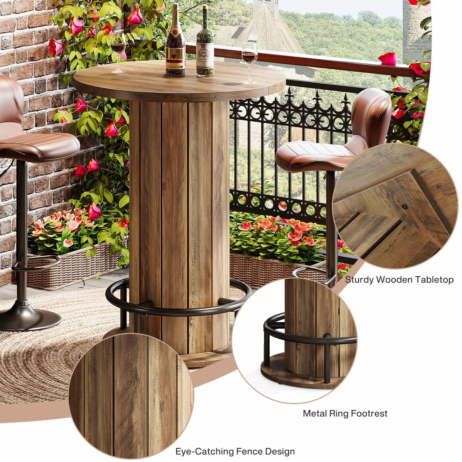 Tribesigns Mesa alta redonda de 100 cm de alto, mesa de bar de madera con reposapiés de anillo de metal para comedor, café, cóctel, color marrón (solo mesa)