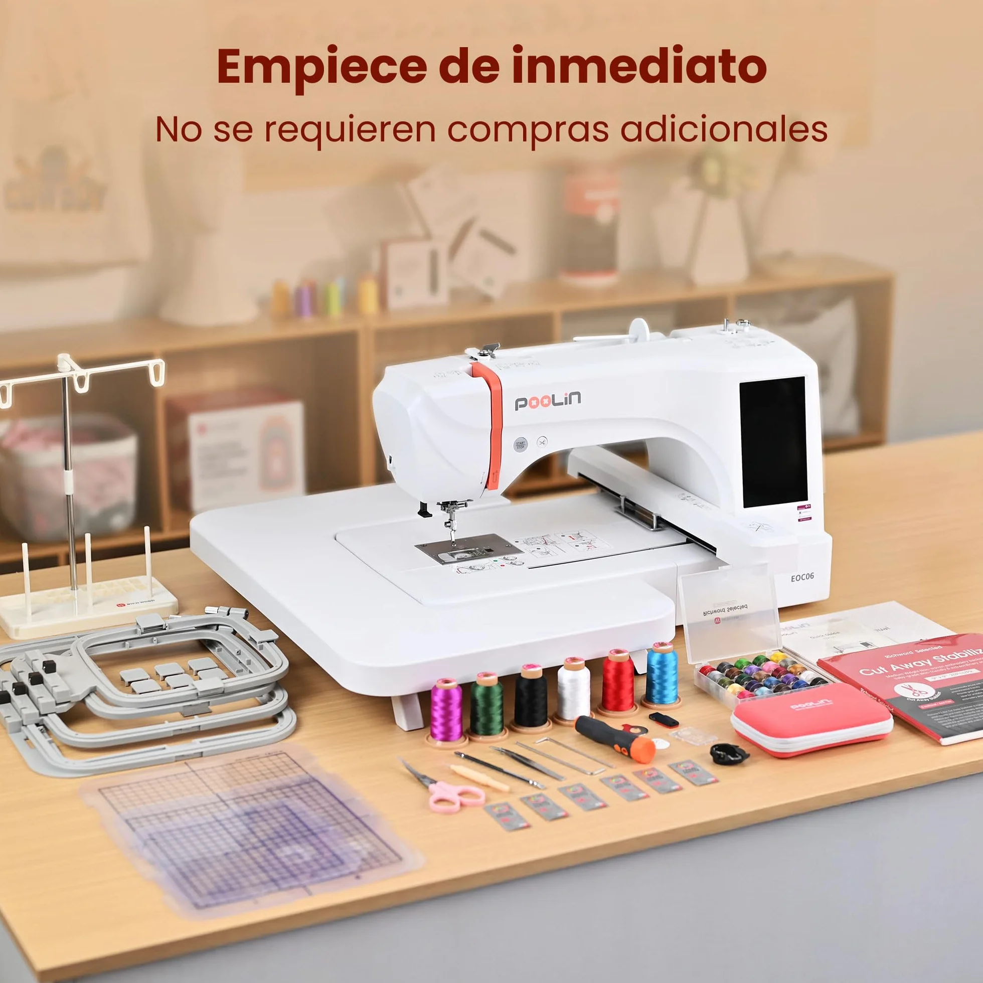 PooLin EOC06 Roja - Máquina de bordar, pantalla táctil, bordador digital, letras y patrones, máquina embroidery, para personalizar camisetas, polos, chaquetas, camisas, bolsos, toallas y más