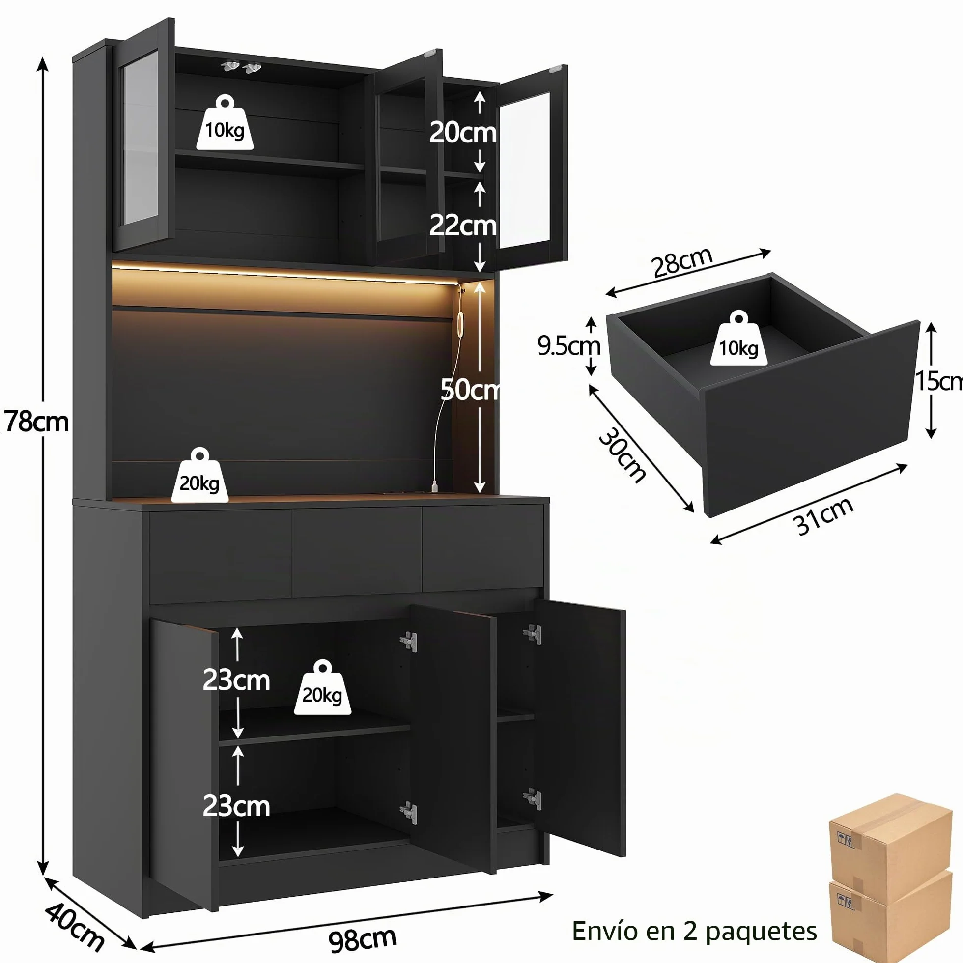 Alacena de Cocina, Armario Despensa Cocina con regleta y Tira de Luces LED, Aparador Comedor con Estantes Regulables (Negro)