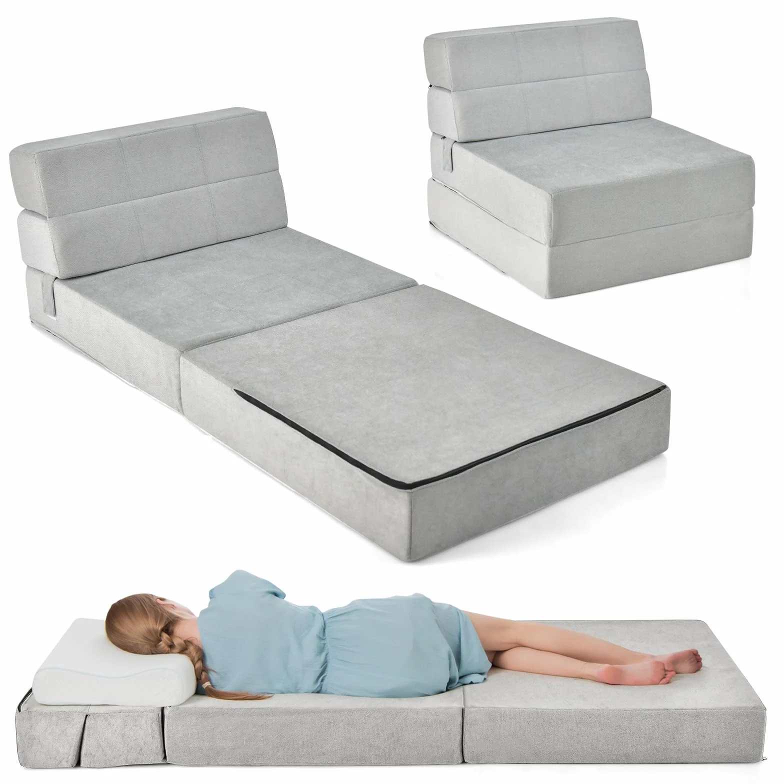 GOPLUS Sofá Cama Plegable 3 en 1, Sillon de Suelo con Funda Extraíble y Lavable, Colchón Plegable de Espuma de Densidad de 15 cm, Sofá Cama Convertible para Salón, Dormitorio (Gris)