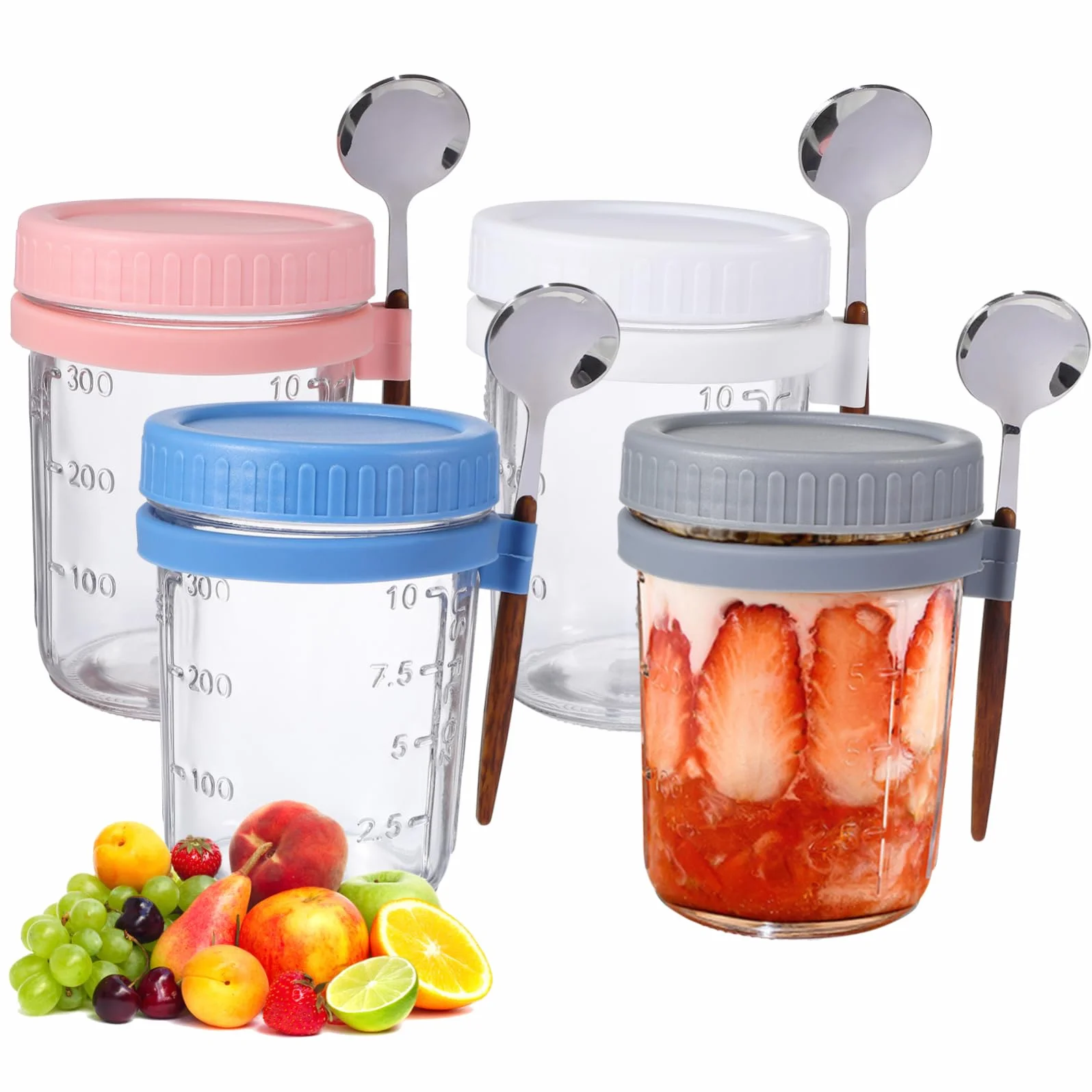 TOPBATHY Tarros de Desayuno de Cristal 400ml con Tapa y Cuchara, 4 Piezas | Vidrio y Silicona, Cierre Hermético Antiderrame, para Avena Nocturna en Cocina y Dormitorio