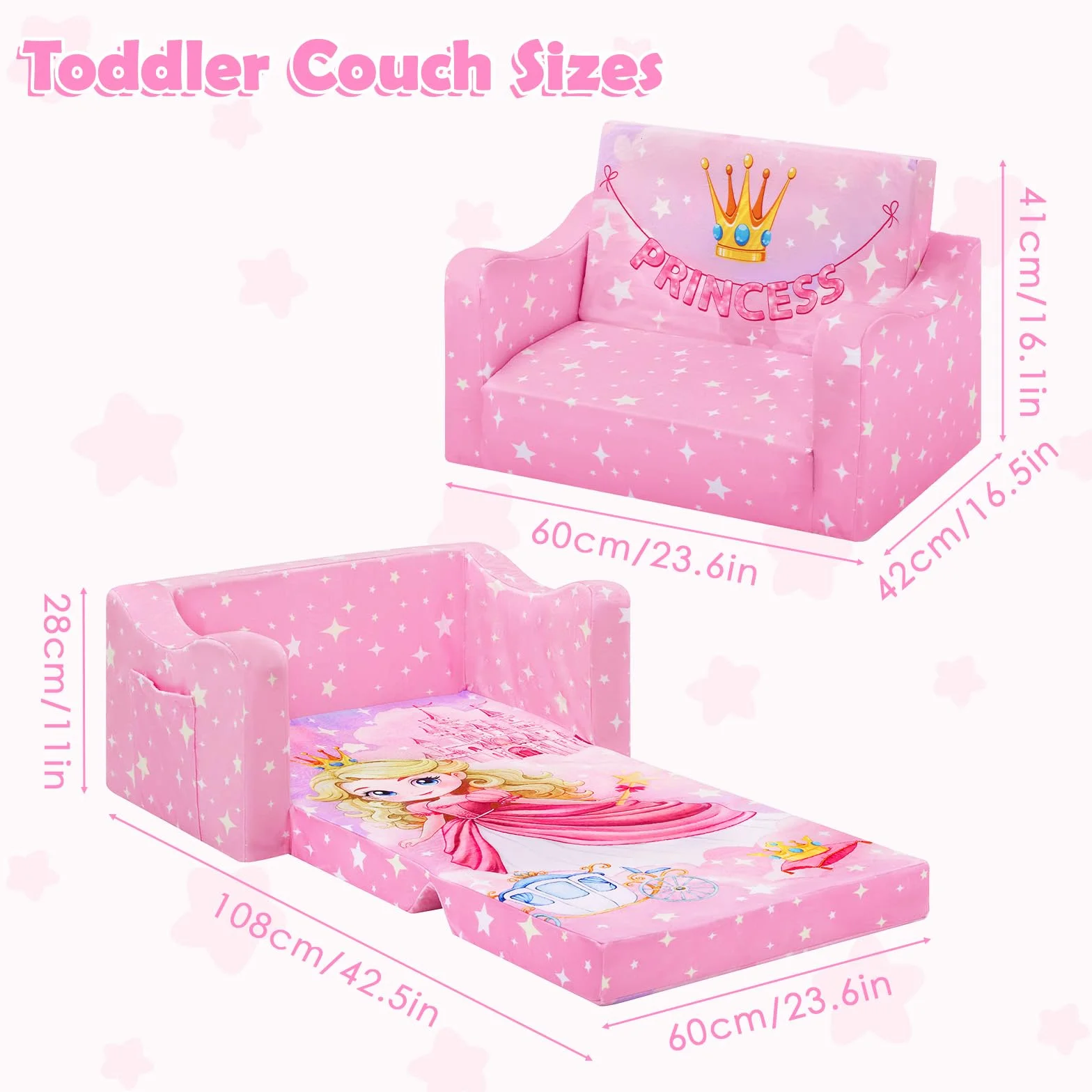 Convertible Sofa para Niños 2 en 1, Suave Cómoda Sofa para Niñas y Niños, Estable Silla Plegable Niño para Dormitorio Sala de Juegos,Rosa Princesa