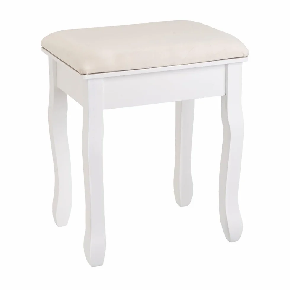 LOLAhome Banqueta de Tocador Blanca con Asiento Tapizado, Madera de Paulonia 50x30x39 cm, Estilo Clásico, Taburete para Dormitorio y Maquillaje