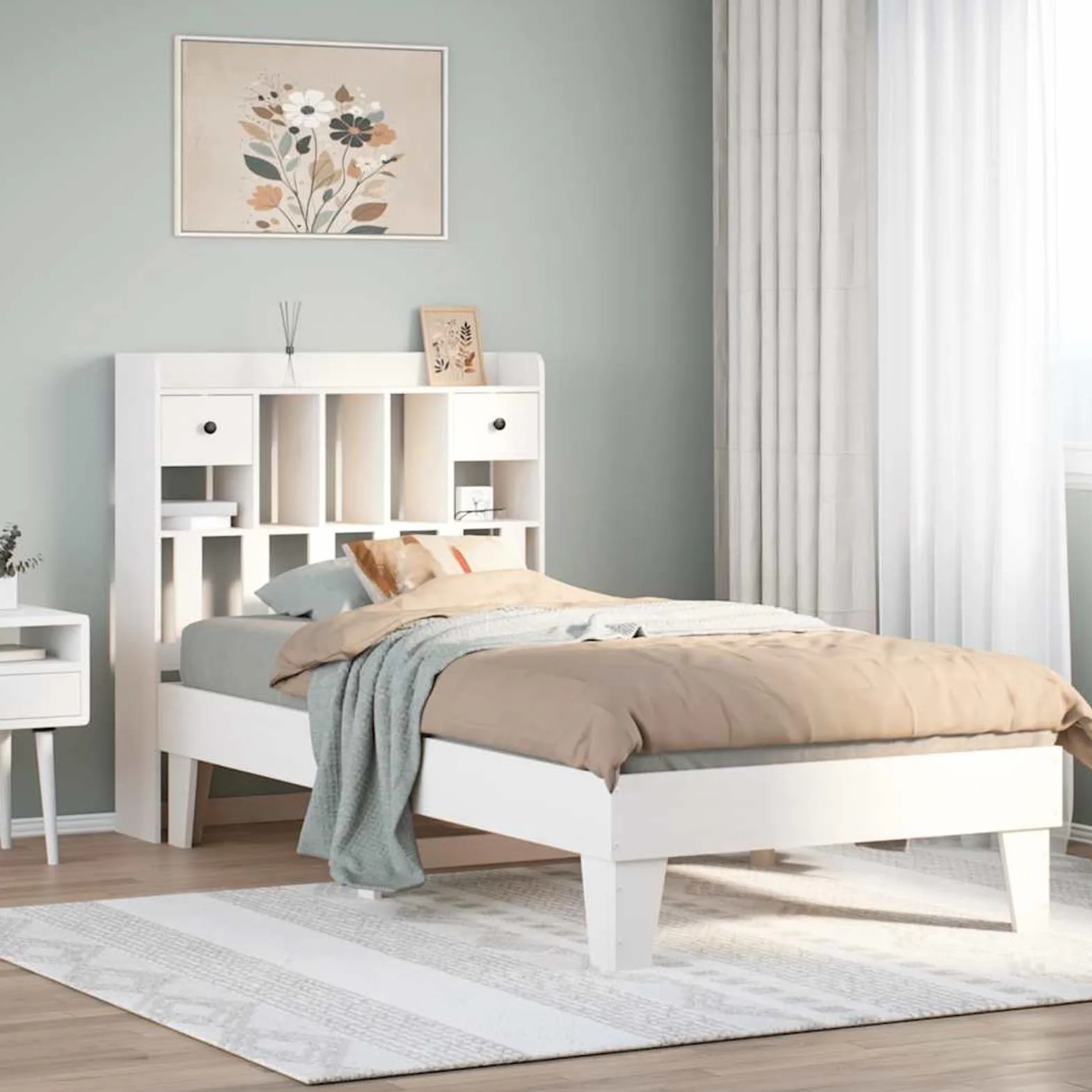 Homgoday Cama de Madera de Pino con Almacenamiento: Estructura Estable y Diseño Rústico Blanco Modelo WQ1015ZJ-3308853ES