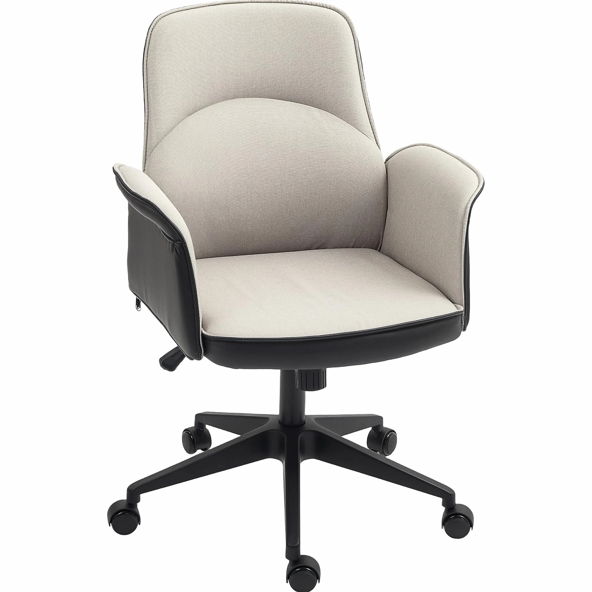 HOMCOM Silla de Oficina Basculante Silla de Escritorio Giratoria Tapizada en PU y Lino Altura Ajustable Reposabrazos Silla de Estudio Carga 120 kg Beige y Negro