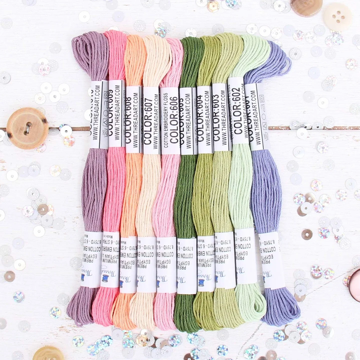 ThreadArt Kit de hilo de algodón egipcio de fibra larga para bordar, en colores de flores de primavera, juego de seis hebras para bordado a mano, pulseras de amistad, punto de cruz y manualidades