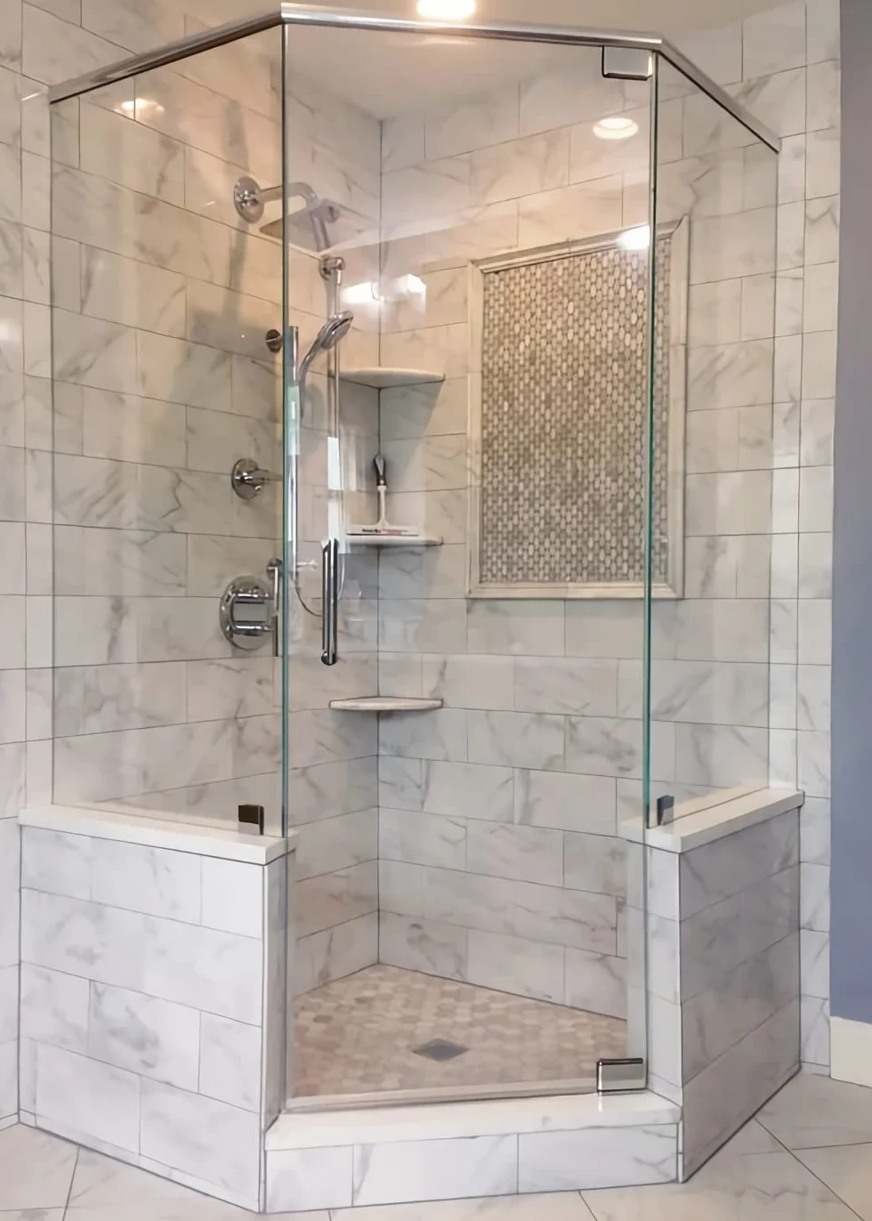 2 estantes esquineros de mármol para ducha para baño, estantes de esquina de mármol natural de 9 pulgadas para baño, montado en la pared, ambos lados pulidos (2, color blanco Carrara)
