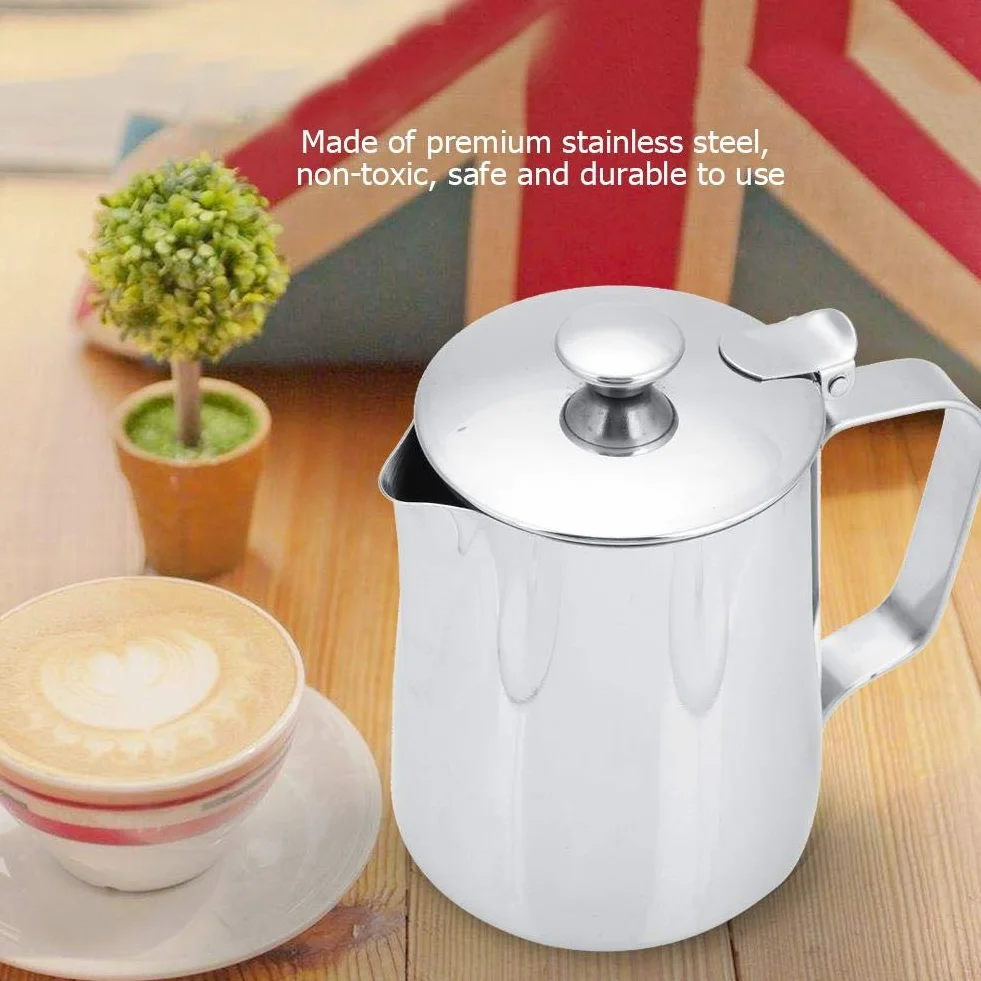 Jarra de Acero Inoxidable para Latte Coffee Art con Tapa y Asa 350mL