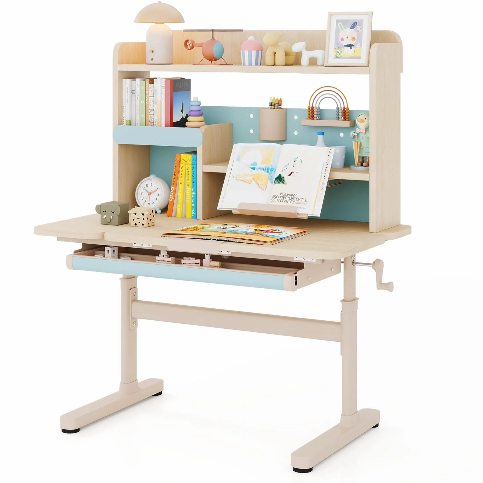 LIFEZEAL Escritorio Infantil con Bandeja Reclinable, Altura Ajustable, Cajón, Estante y Soporte de Lectura Retráctil, Patas de Metal, Mesa de Estudio para Niños de 3 a 12 Años (Azul)