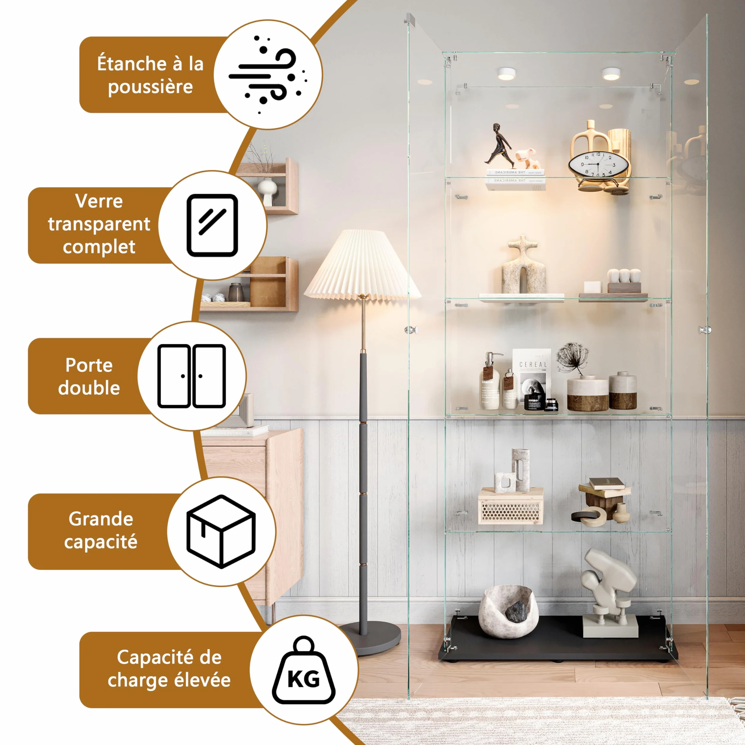 Vitrina de cristal con 2 puertas 5 estantería, mueble vitrina de cristal LED con cerradura, armario de cristal, vitrina de cristal con portavitrinas a pie para colecciónescaparate columna