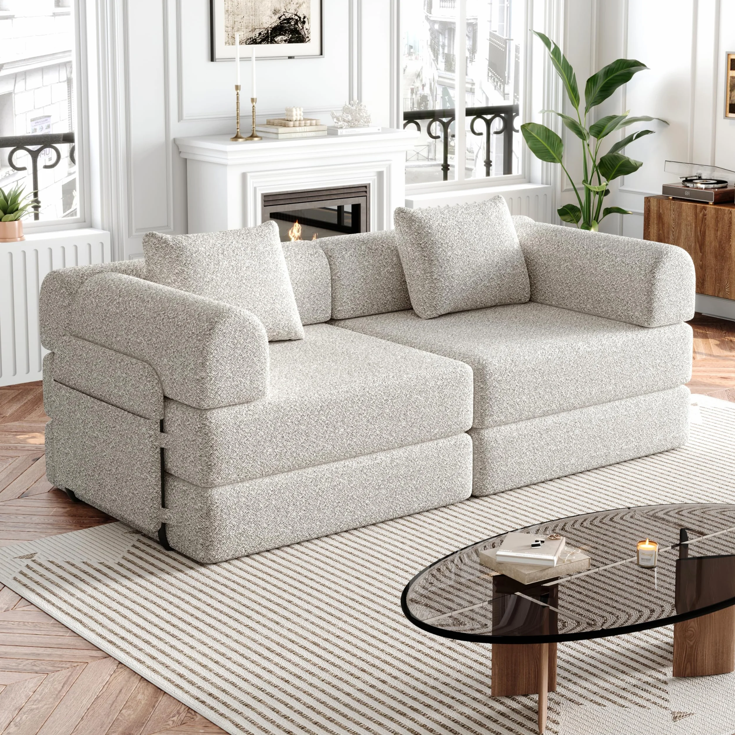 Sofá Cama Plegable con Respaldo y Almohada, Sofás con Estructura de Metal y Reposabrazos, Sofá Matrimonio Convertible para Salón Dormitorio, con Bolsa de Almacenamiento, Chenilla, Caqui