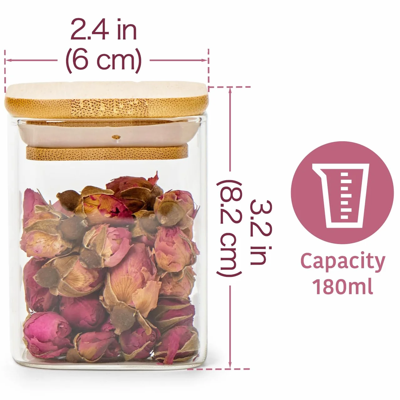 EZOWare - Lote de 12 tarros de especias cuadrados de cristal, 180 ml, pequeños frascos herméticos con tapa de bambú de almacenamiento para conservar especias de cocina, té, hierbas