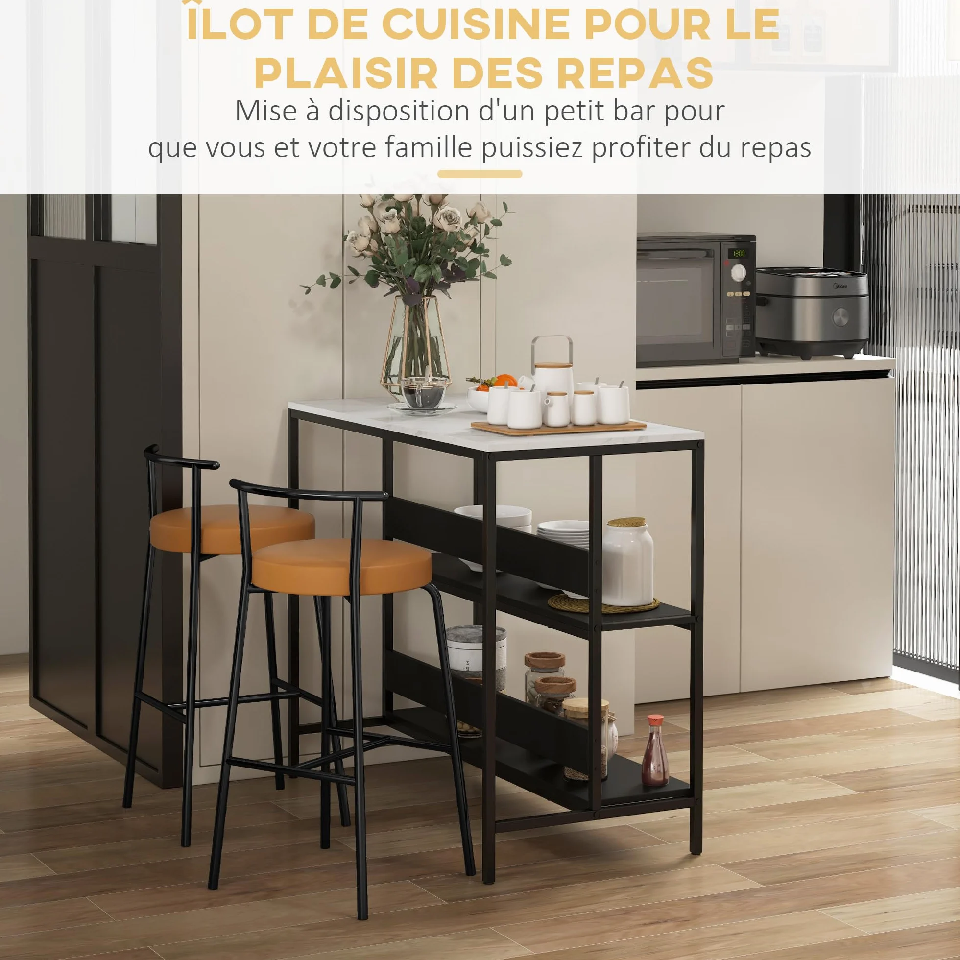 HOMCOM - Postre isla de cocina, mueble de cocina, bandeja de aspecto mármol, estructura de acero, 2 estantes, mueble de almacenamiento para salón, estilo moderno, 100 x 50 x 90 cm, color negro