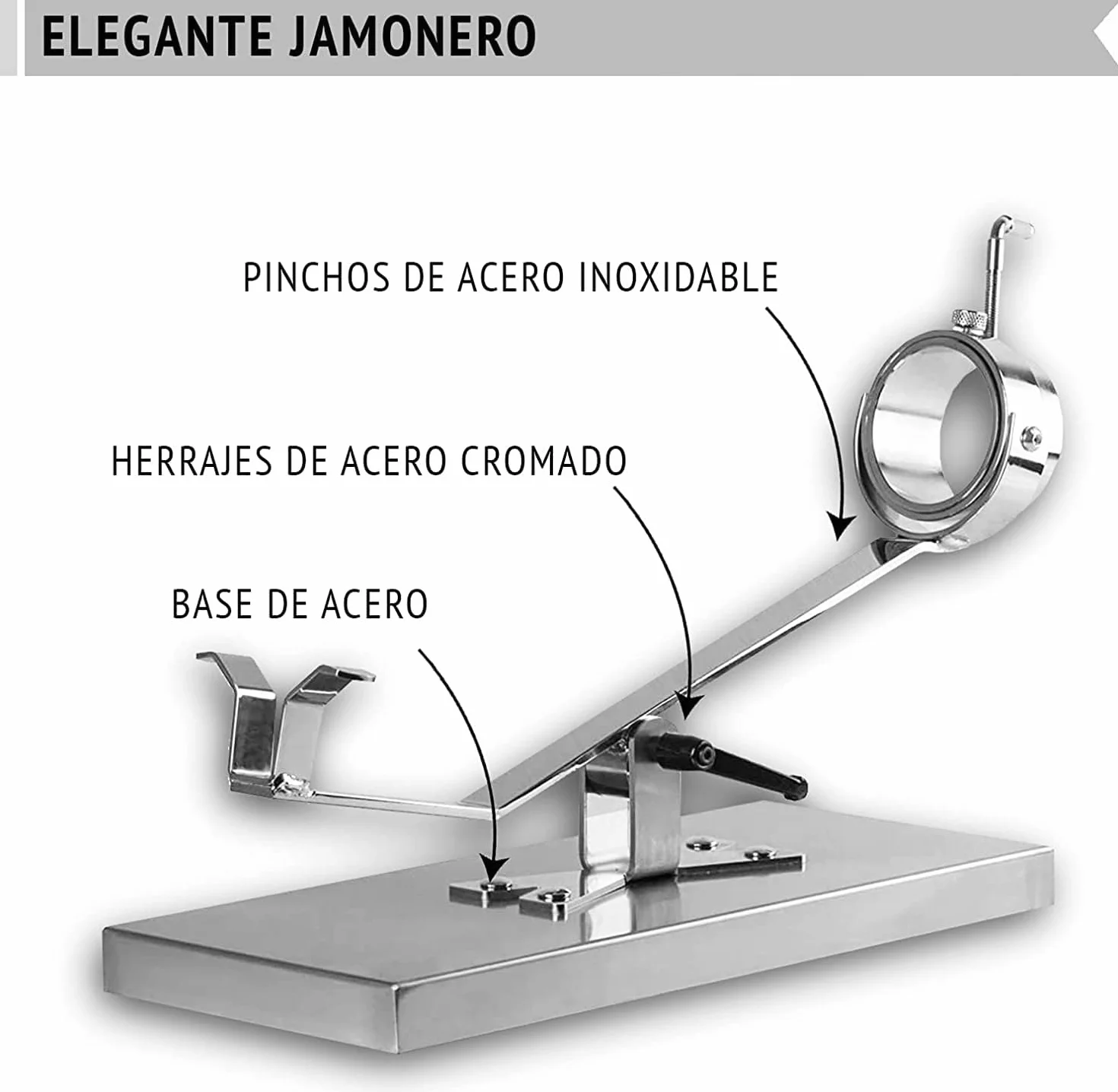 BRICOMIRAS JAMONERO BASCULANTE GIRATORIO CON BASE INOXIDABLE. SOPORTE JAMONERO IDEAL USO DOMÉSTICO Y PROFESIONAL (Inoxidable solo)