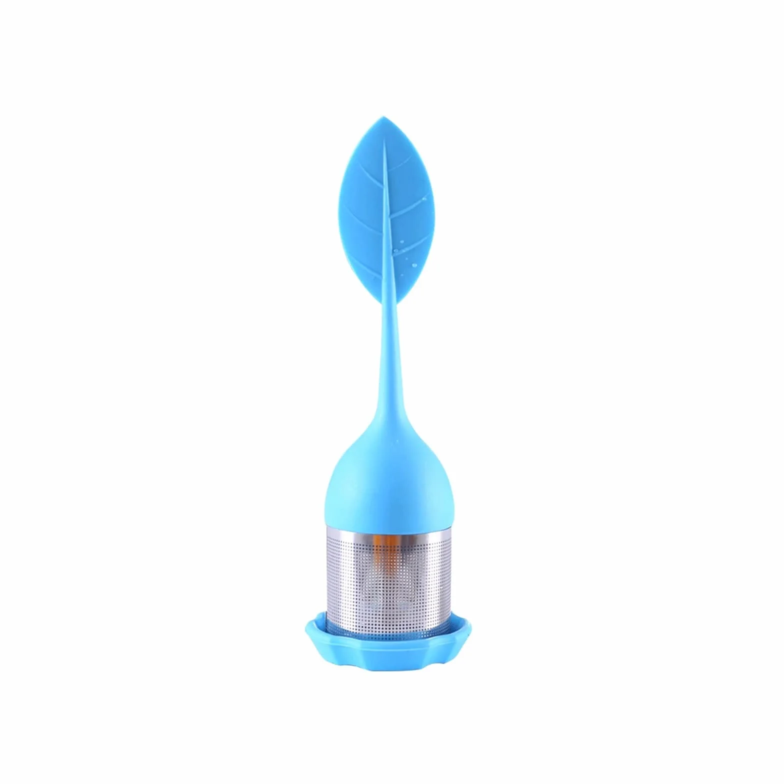 Colador de té infusor de té, filtro de té de malla fina de acero inoxidable con mango de hojas de silicona sin BPA y bandeja de goteo para todo el té de hojas sueltas (azul)