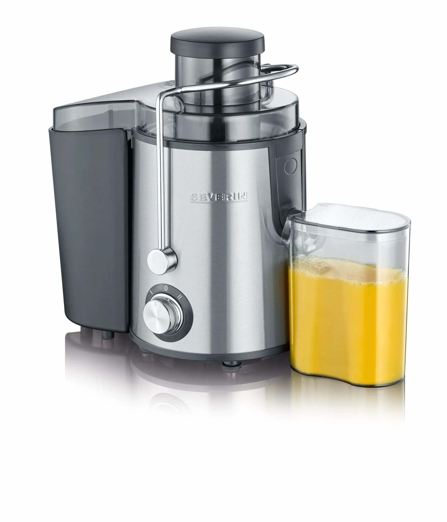 SEVERIN Licuadora para verduras y frutas ricas en vitaminas, extractor de zumo silencioso, licuadora eléctrica de acero con recipiente recolector de 500 ml, plateado/negro, ES 3566