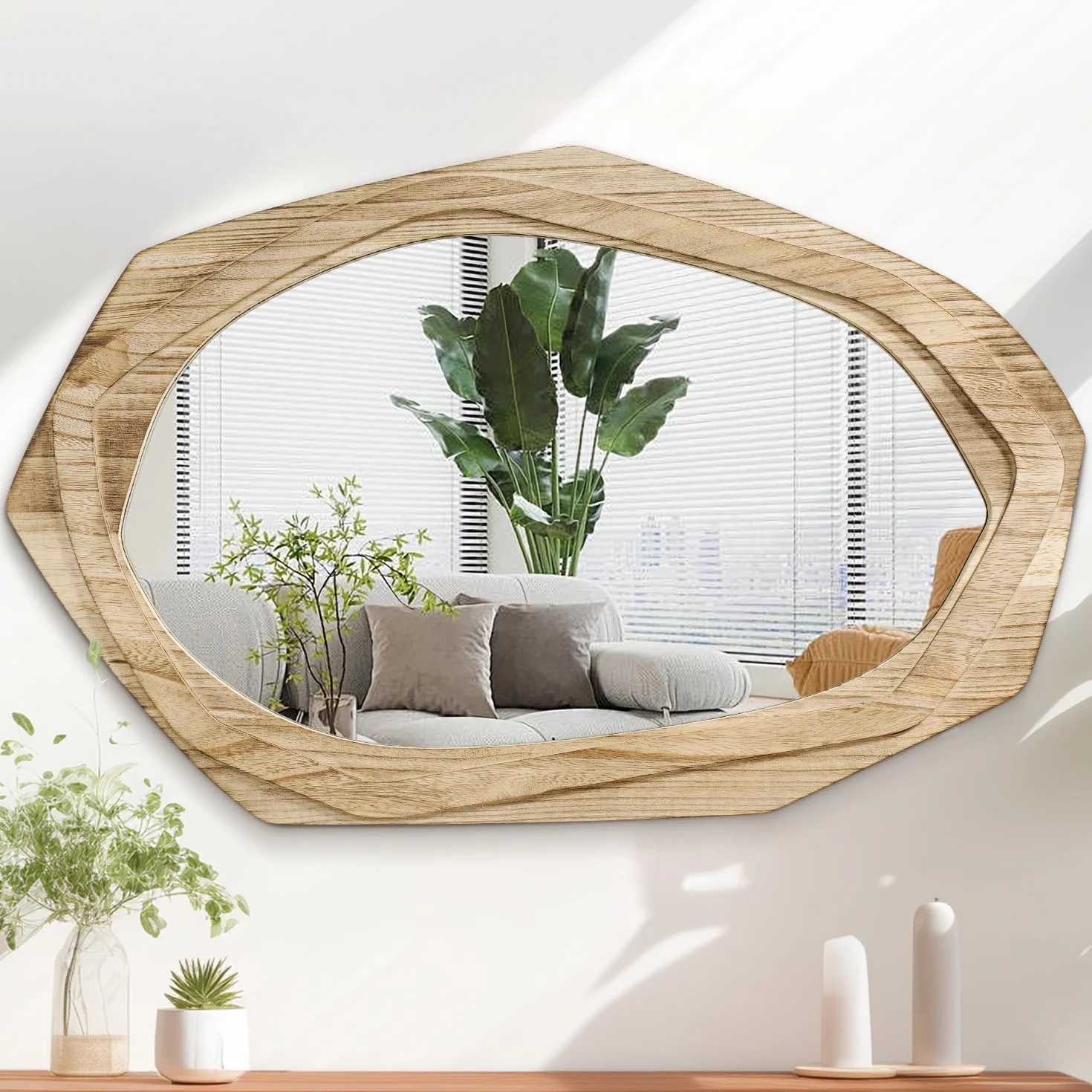 AAZZKANG Espejo de pared irregular grande con marco de madera, 70 x 45 cm, espejos colgantes asimétricos rústicos para baño, dormitorio, sala de estar, entrada