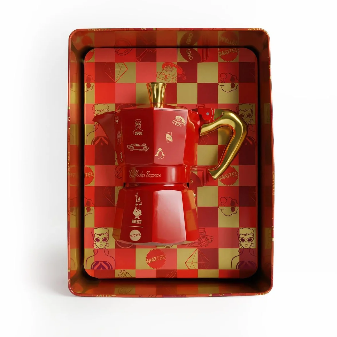 Bialetti Moka Express de 3 tazas (130 ml) Edición Mattel Octagésimo, cafetera de colección con lata celebrativa - Fabricada en aluminio, no apta para inducción, roja