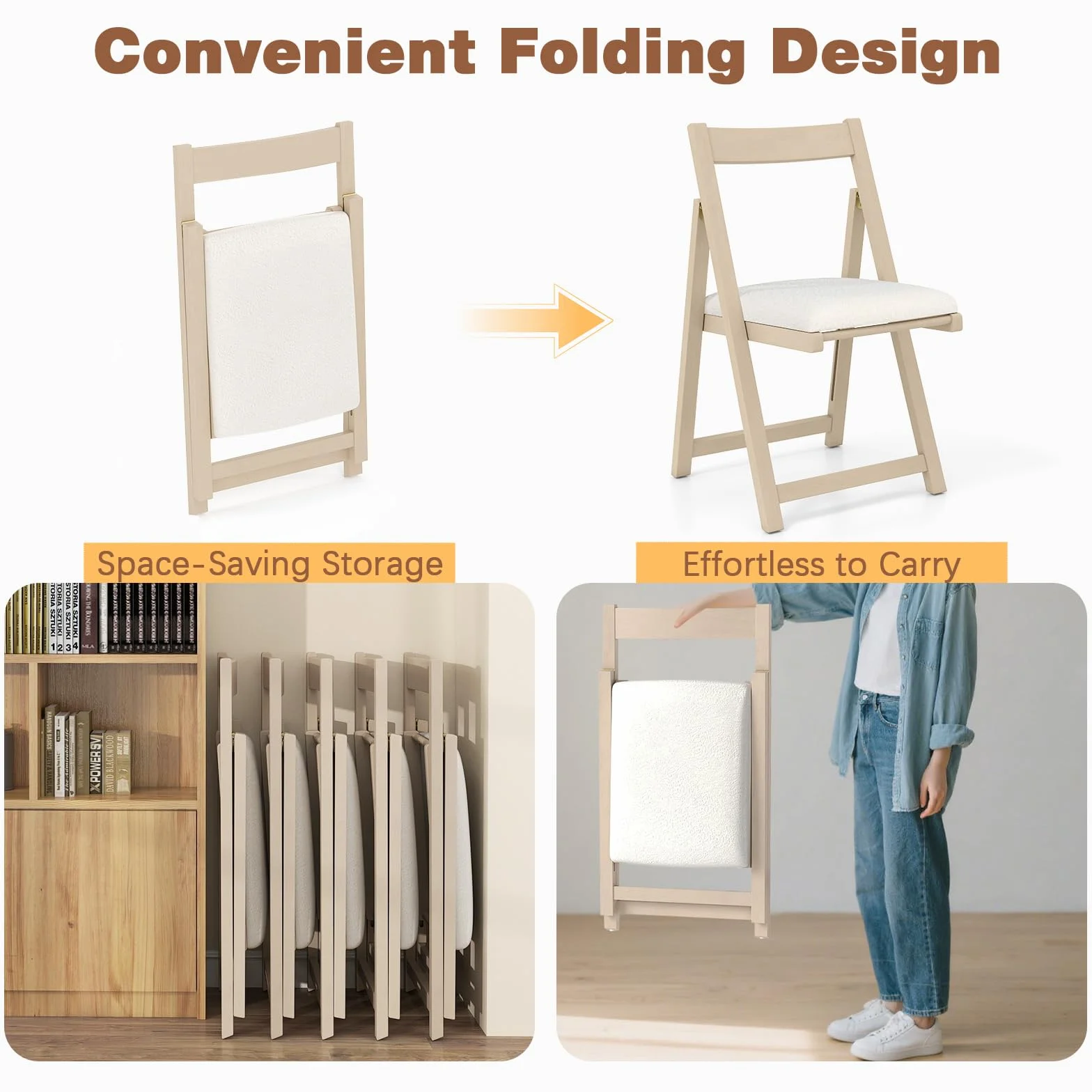GIANTEX Juego de 2 Sillas de Comedor Plegables, Asiento Acolchado y Respaldo Inclinado, Estructura de Madera de Caucho, Carga hasta 150 kg, Sillas para Cocina, Salón (Beige)